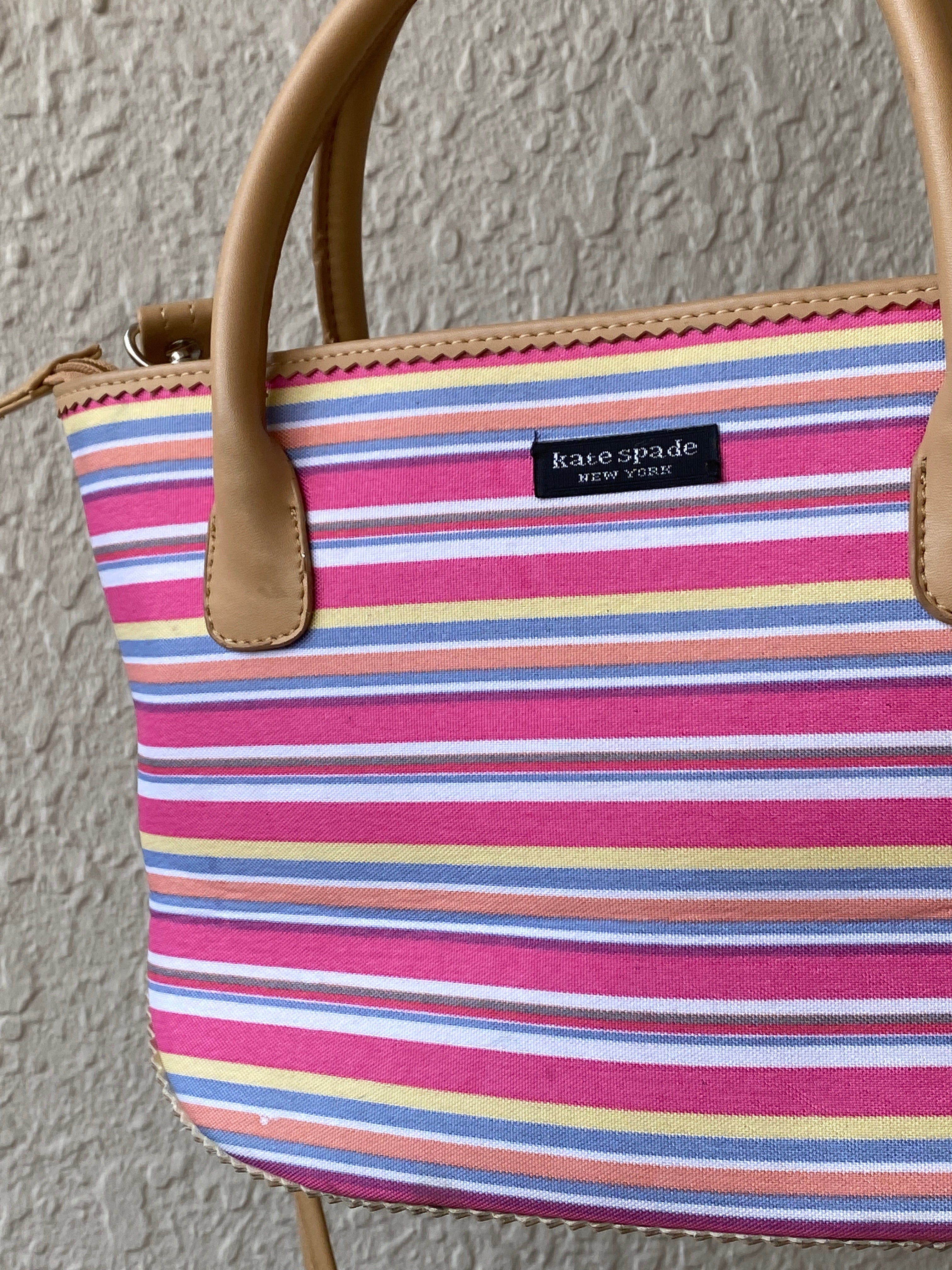 Kate Spade New York Pink Striped Canvas & Leather Summer Tote Bag