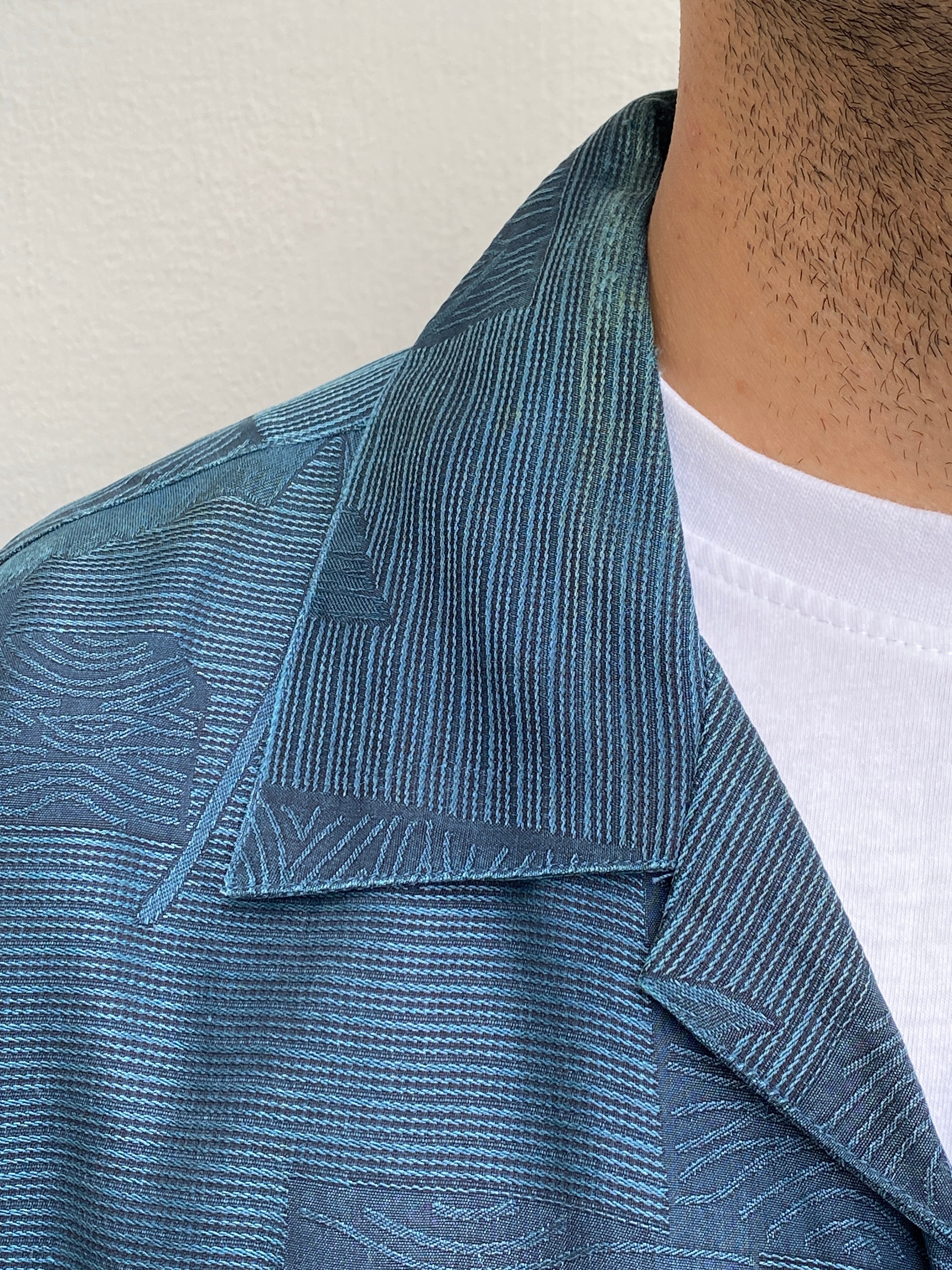 Vintage Tommy Bahama Relax Deep Navy Palm Jacquard Silk Camp Shirt – M