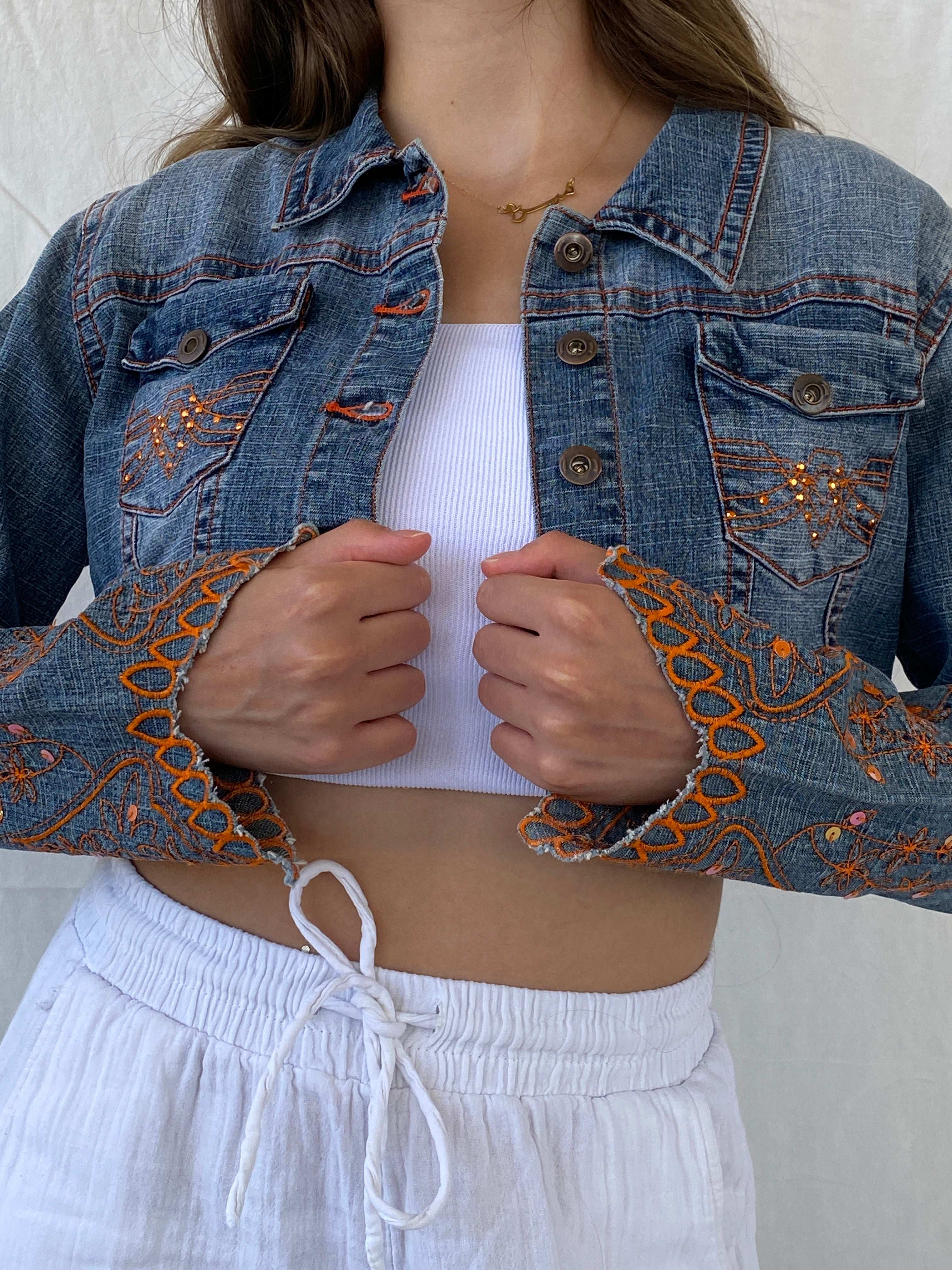 Vintage Y2K Apollo Jeans Cropped Denim Jacket With Orange Embroidery Details - M