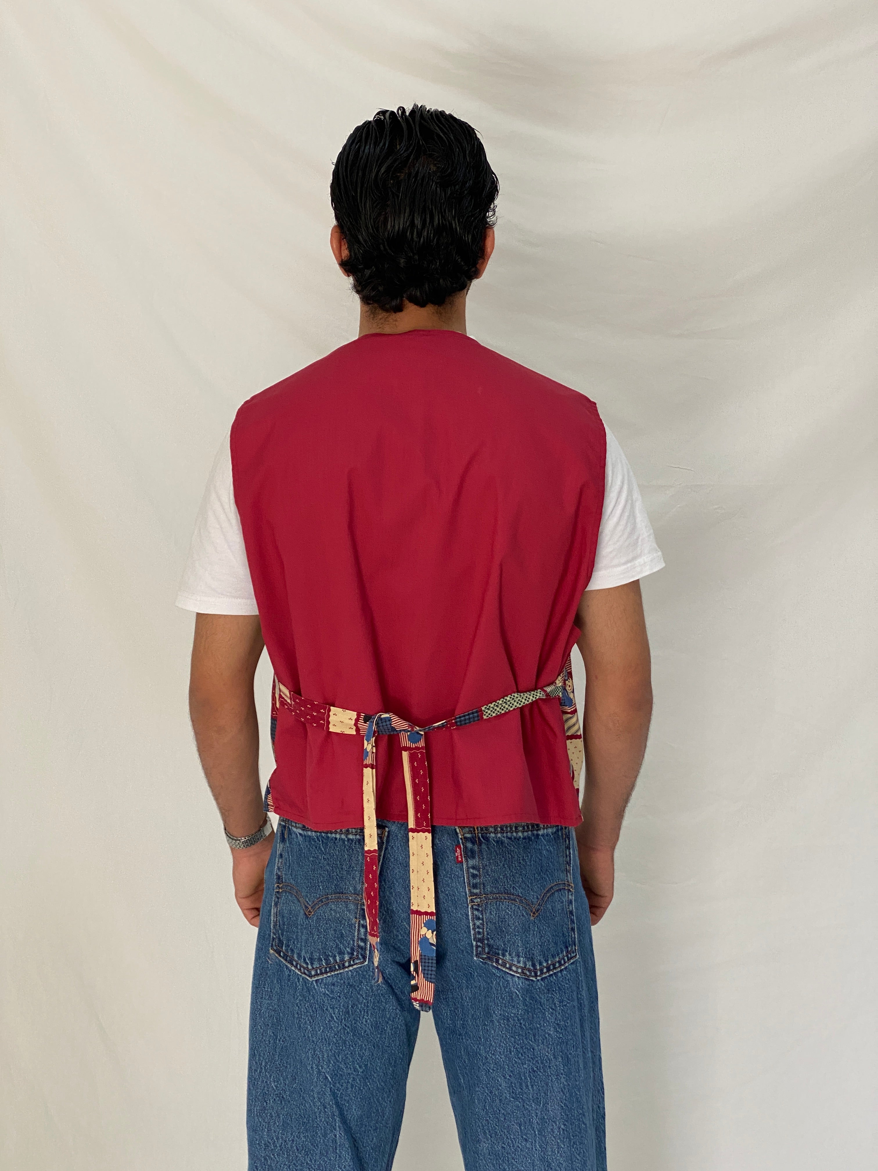 Vintage Handmade Patchwork Novelty Vest Red Folk Cotton Waistcoat – L