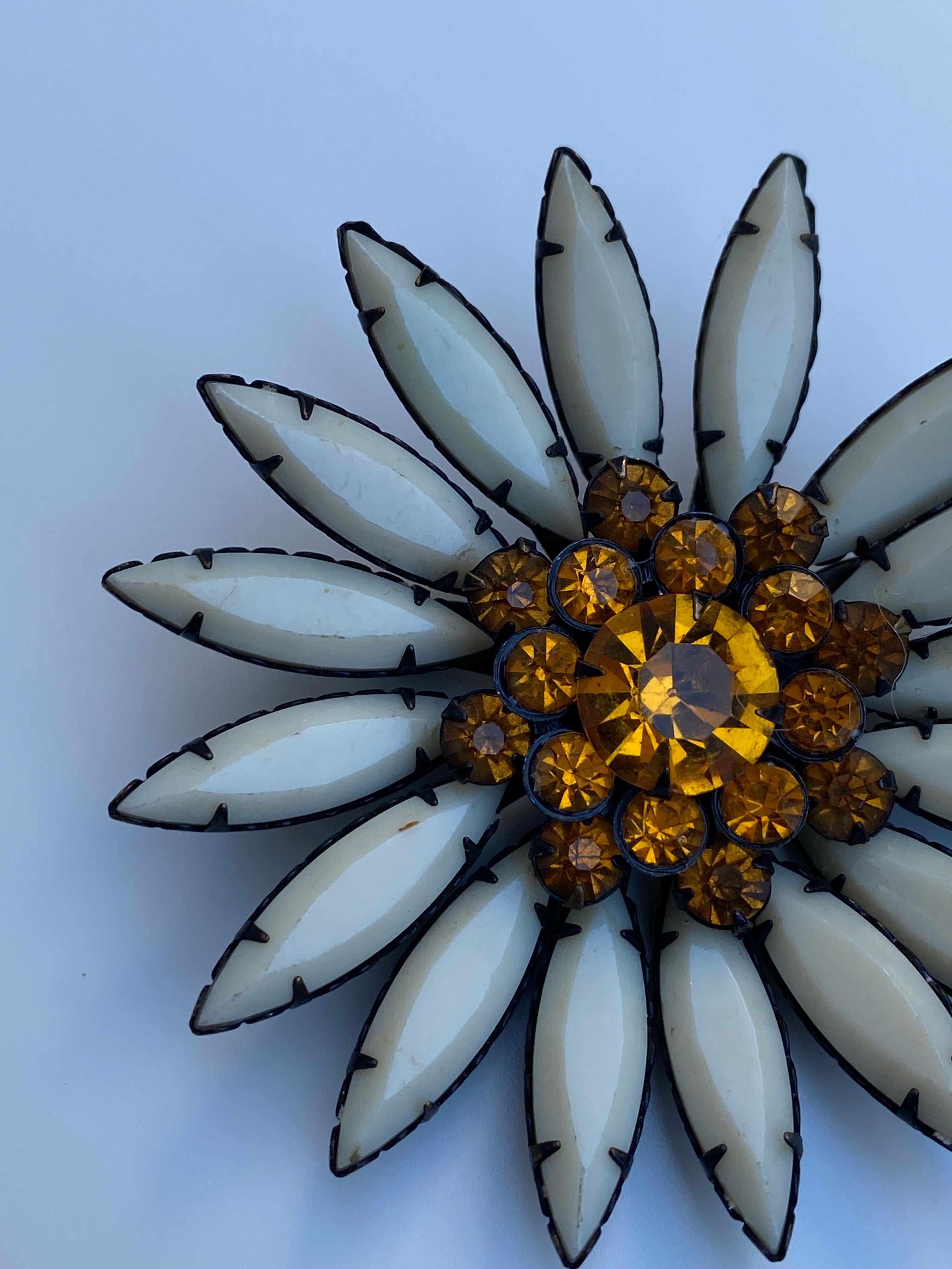 Vintage Mid-Century White Milk Glass & Amber Rhinestone Flower Brooch Floral Statement Pin