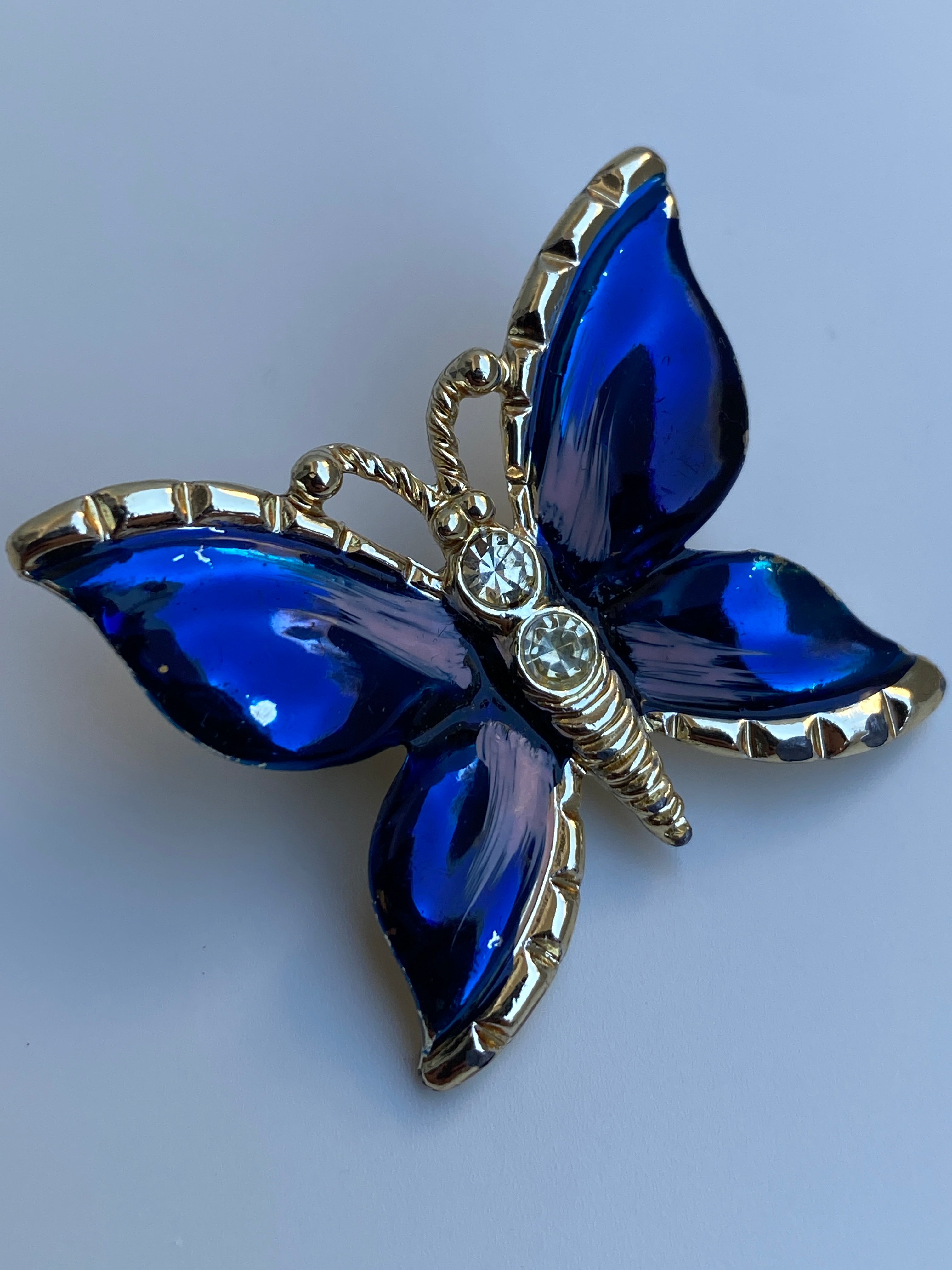Vintage Blue Enamel Butterfly Pin Crystal Rhinestone Accents Brooch