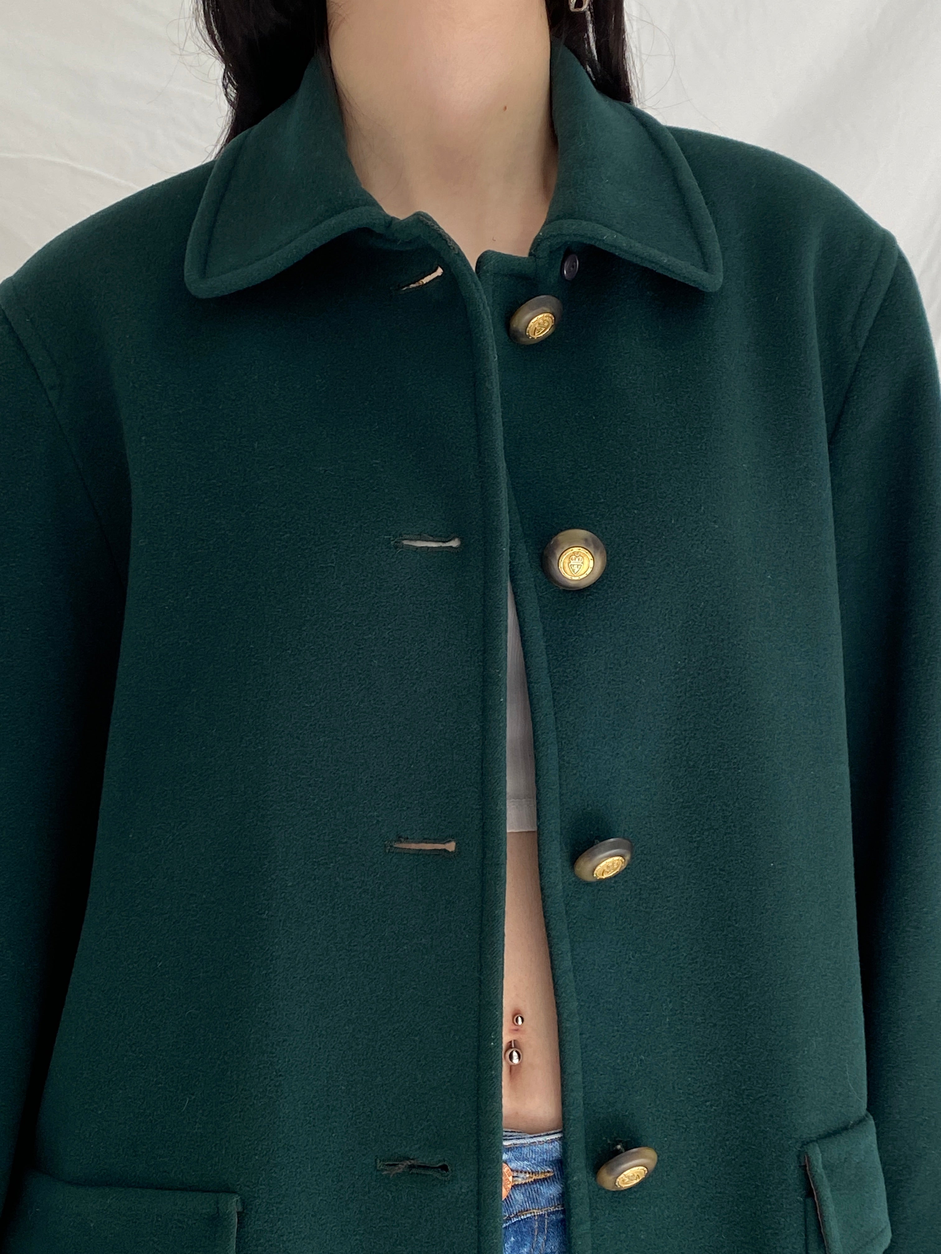 Vintage Viyella Green Wool Coat 90s Classic Tailored Wool Minimalist Jacket - L