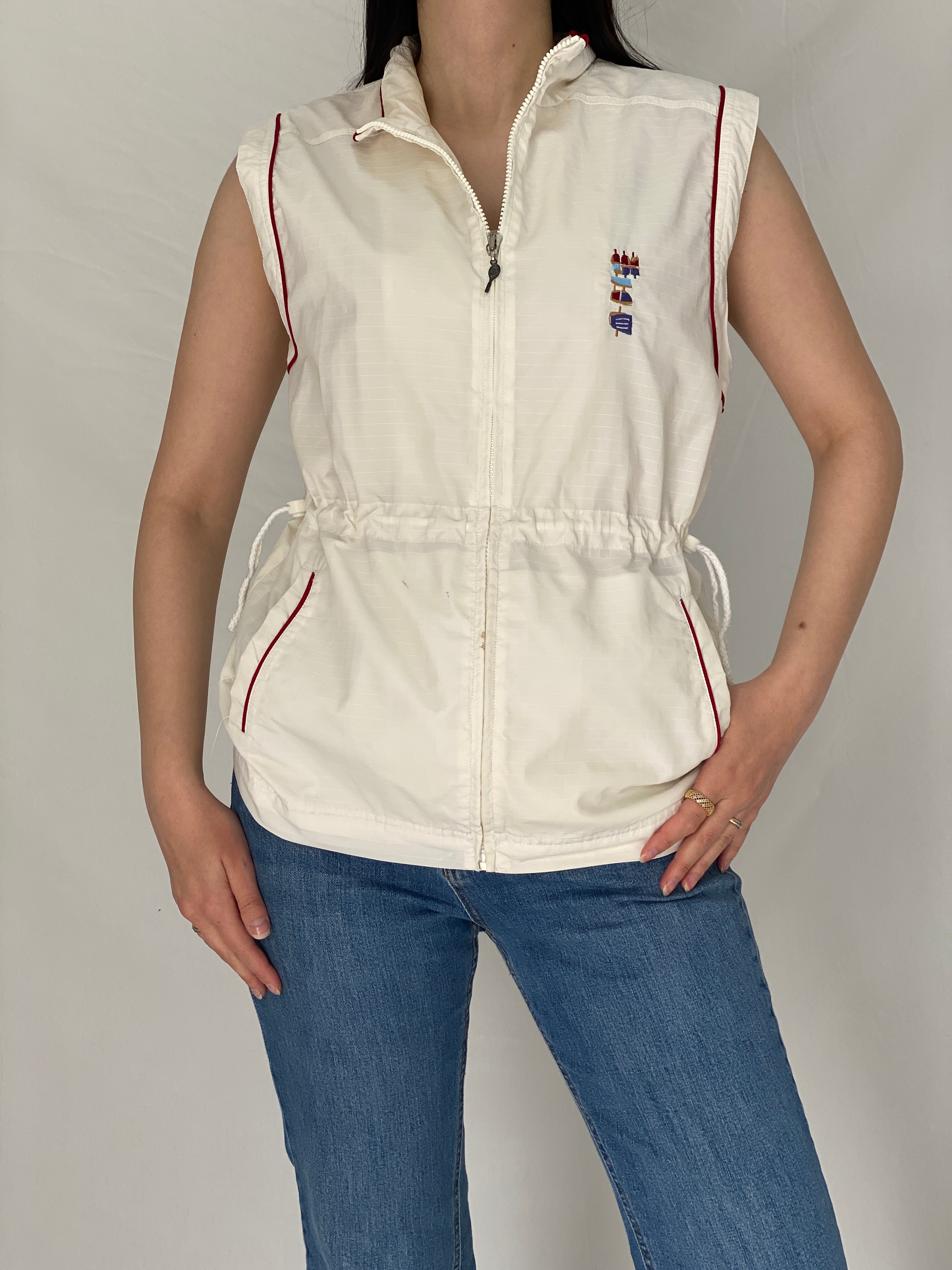 Vintage Adidas Off-White Sleeveless Zip Vest with Drawstring Waist - S