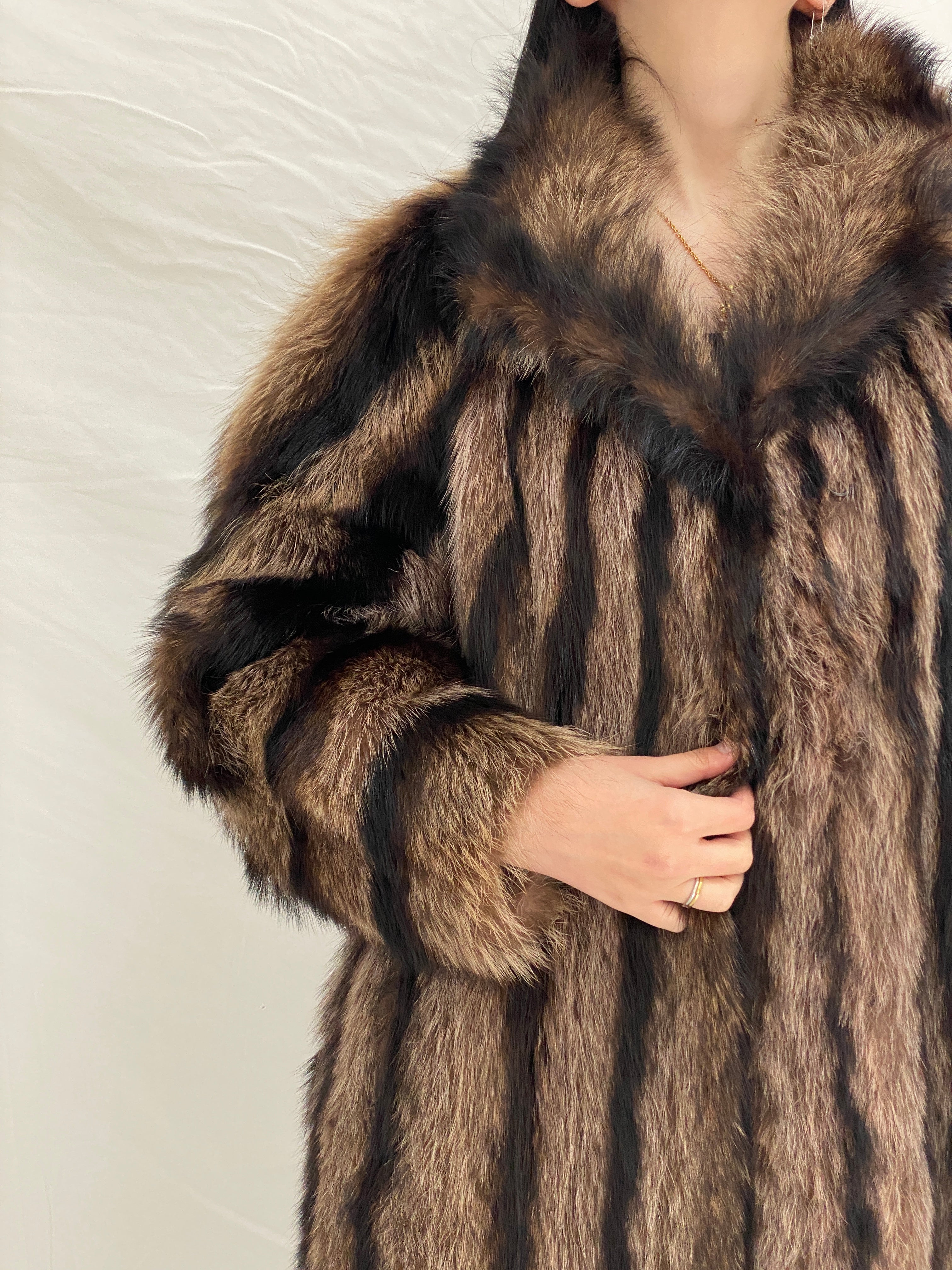 Vintage Handmade Real Raccoon Fur Brown Long Coat Luxury Statement Coat - L