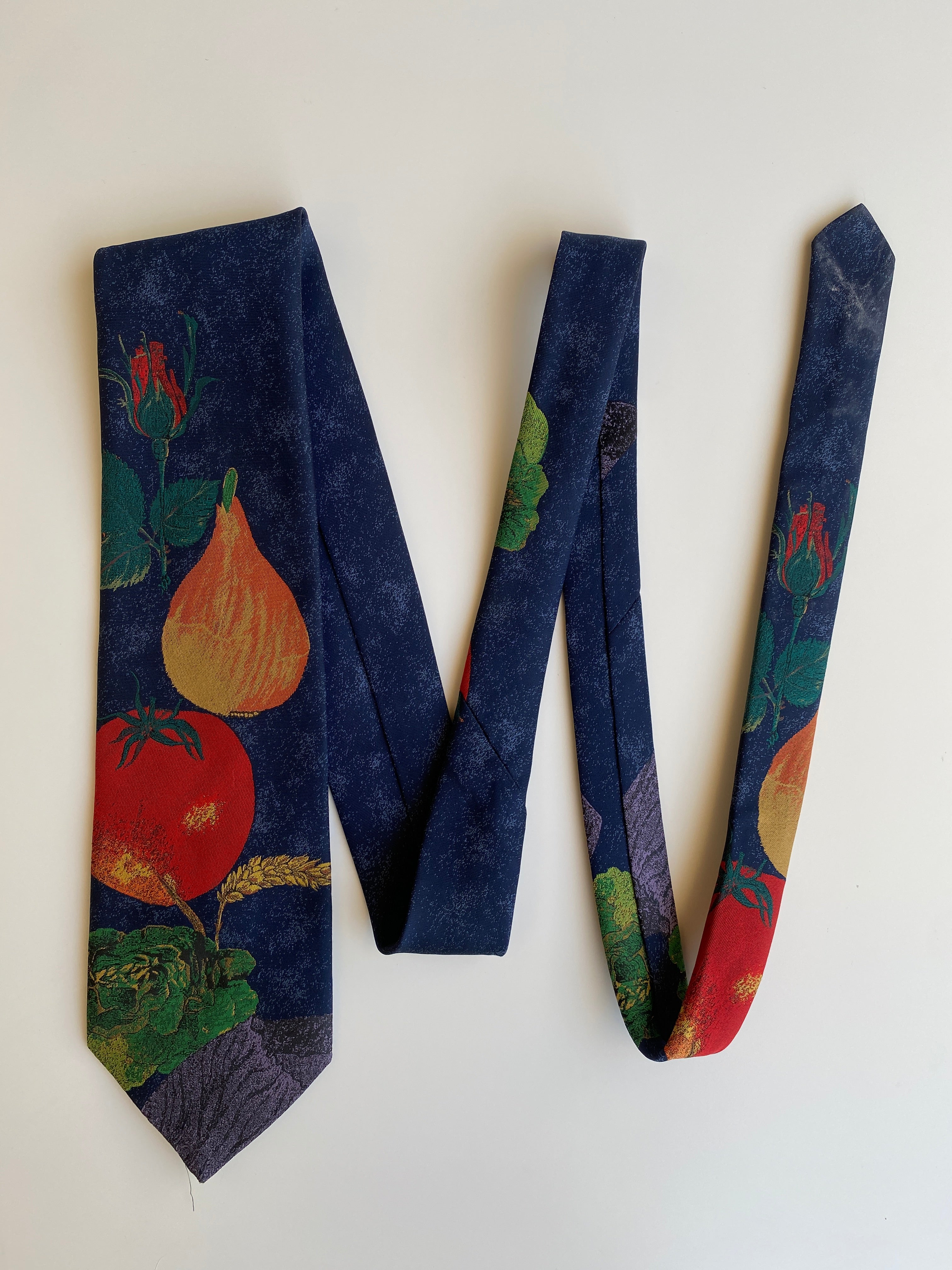 Vintage 1990s Hagelume Samen Zeker Navy Botanical Fruit Print Wide Necktie