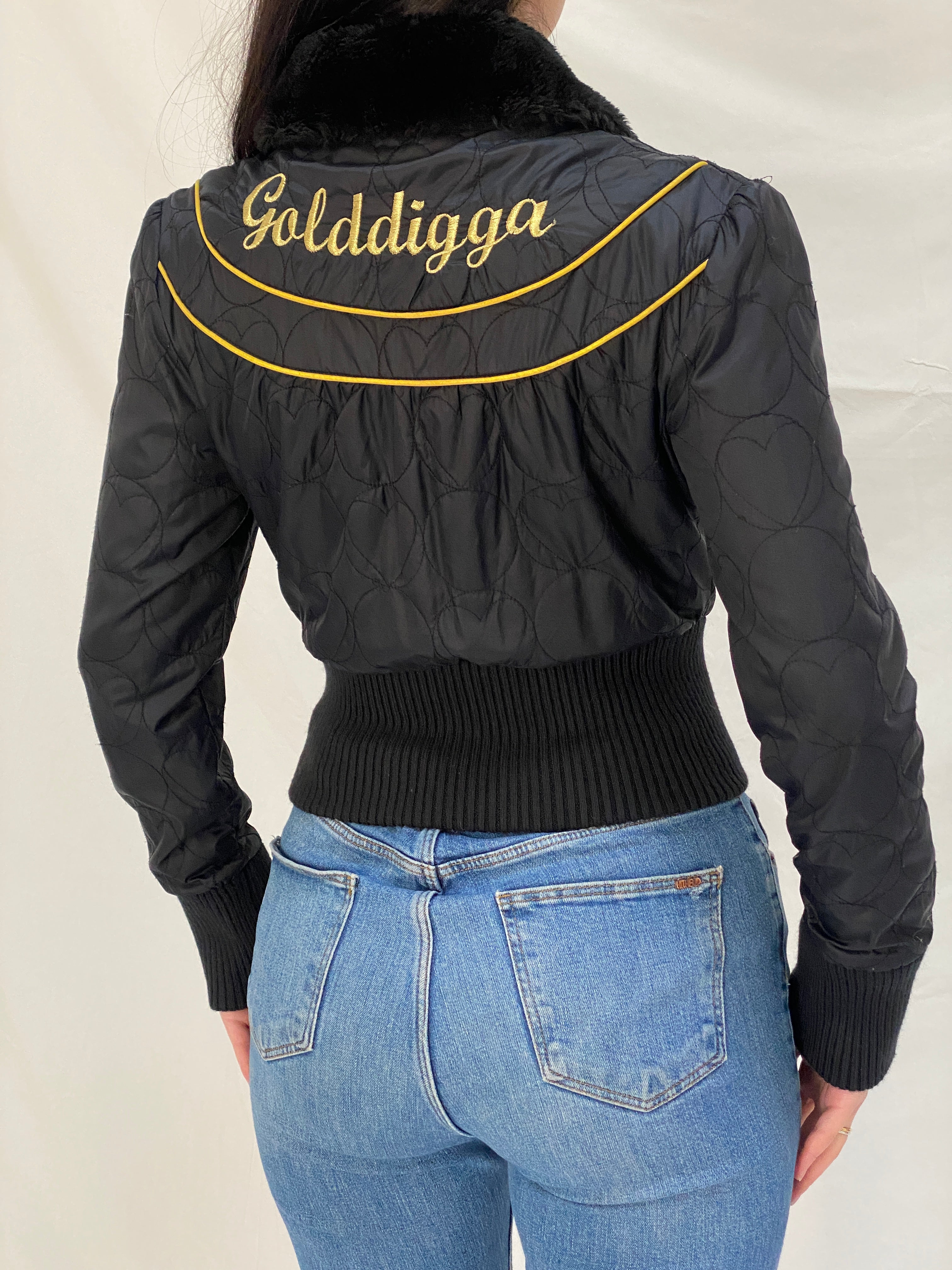 Y2K Core Golddigga Black Cropped Puffer Jacket Faux Fur Collar Gold Details - S