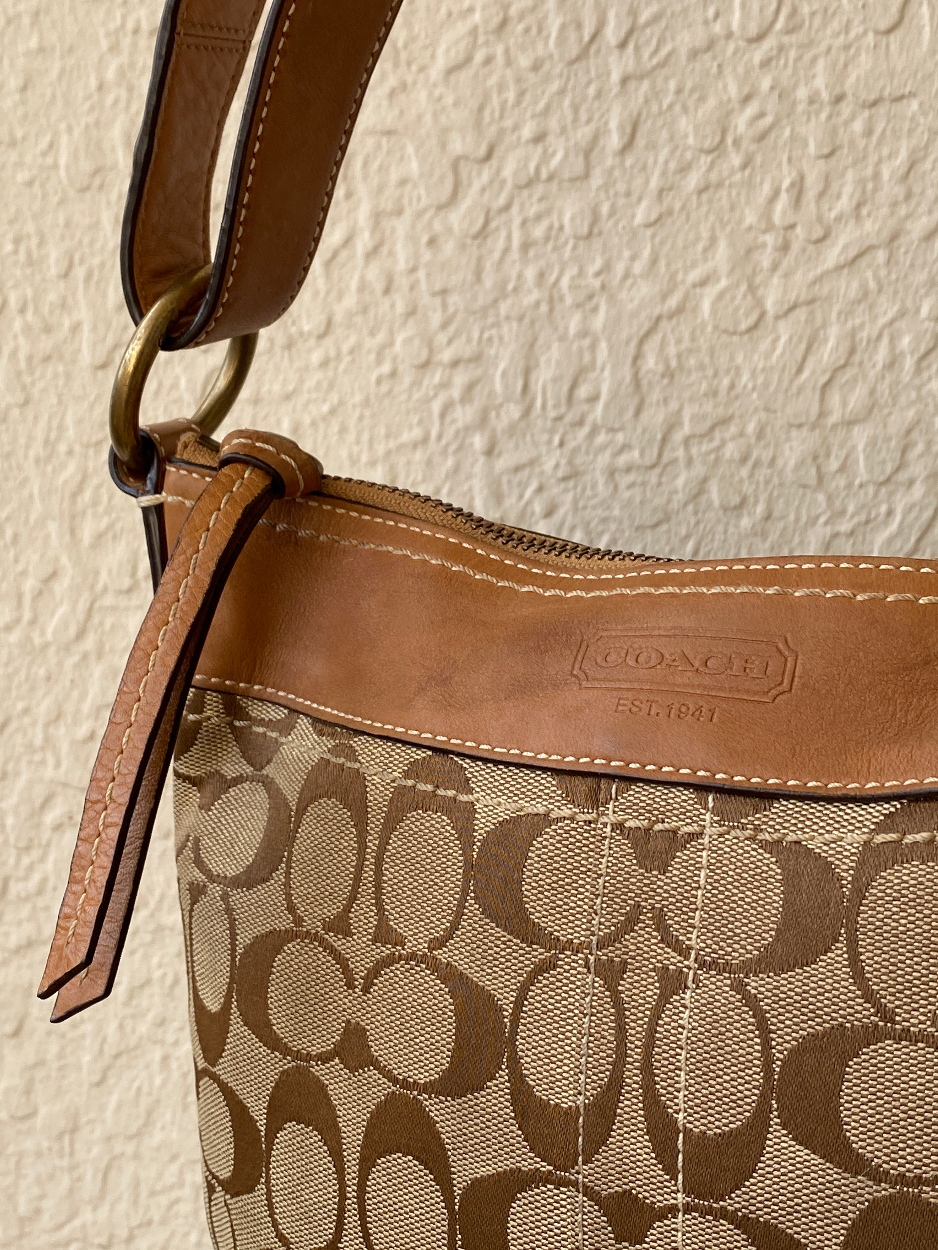 Vintage 2000s Coach Signature Monogram Canvas Shoulder Bag Brown & Tan Leather Trim