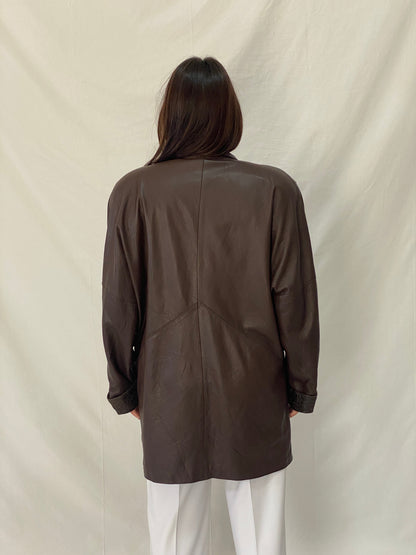 Vintage 1985 Brown Leather Blazer Coat Spanish Sheepskin Embossed Patchwork Jacket - L