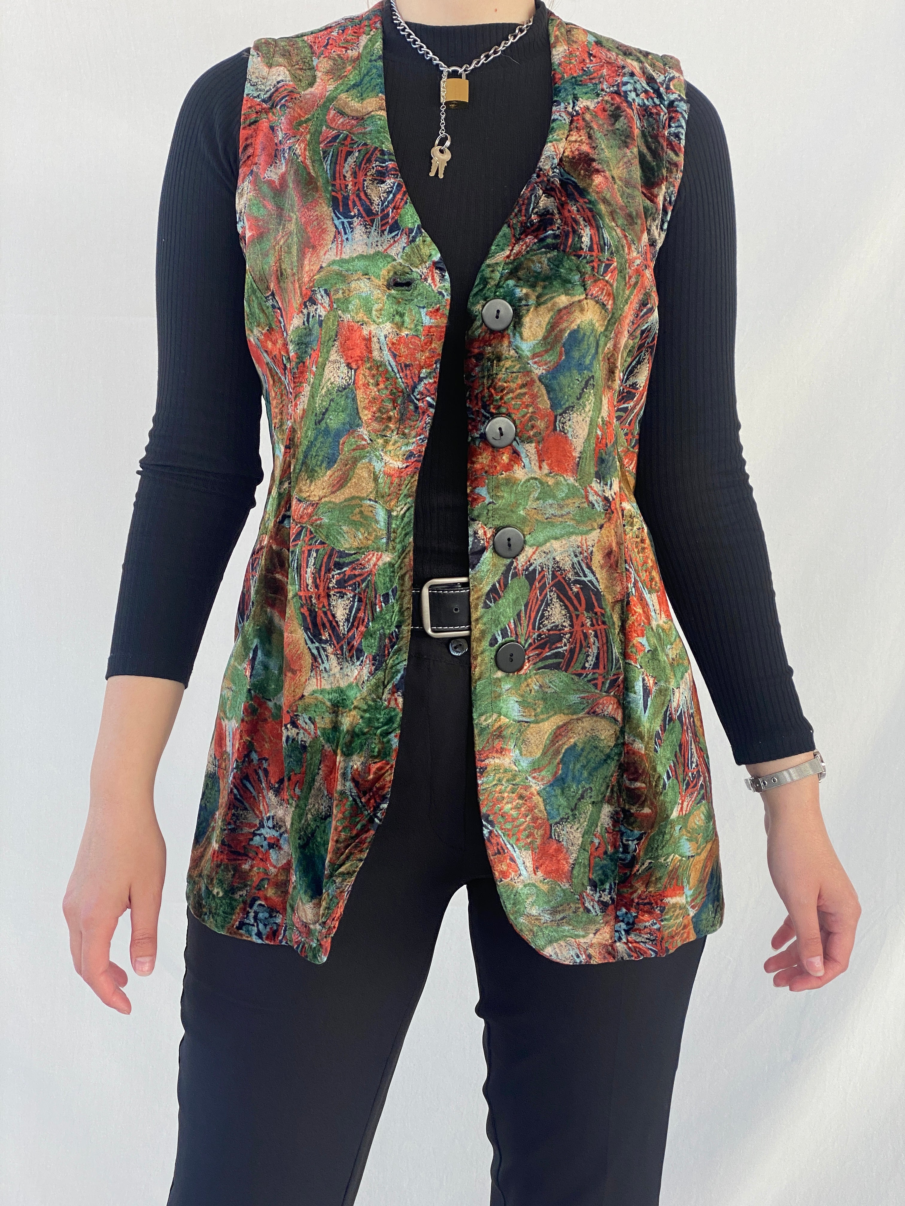 Vintage 90s Floral Orange & Green Velvet Buttoned Long Vest - XL