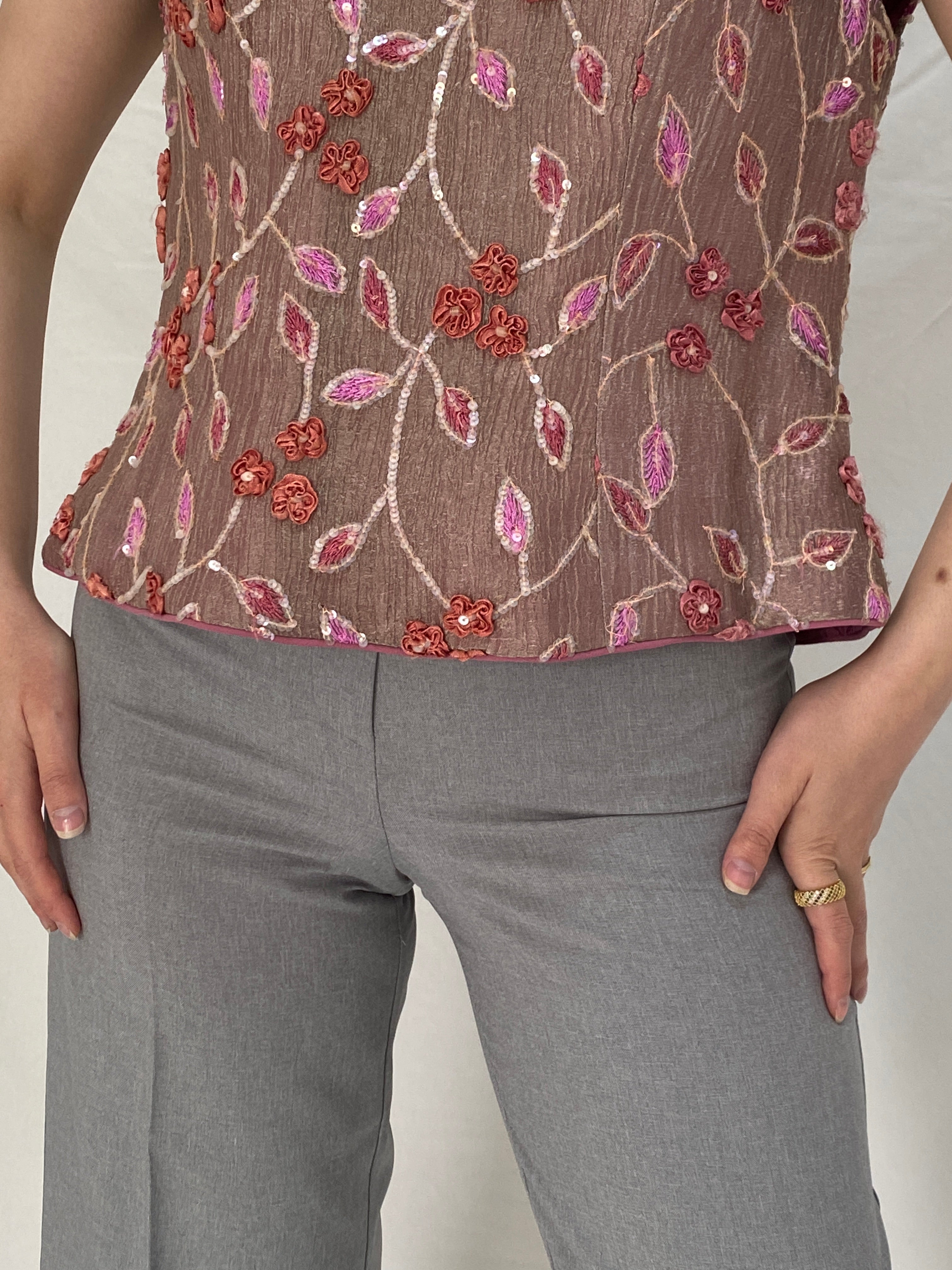 Vintage Raffaello Floral Embellished Beaded Party Top Embroidered Pink Evening Blouse – L