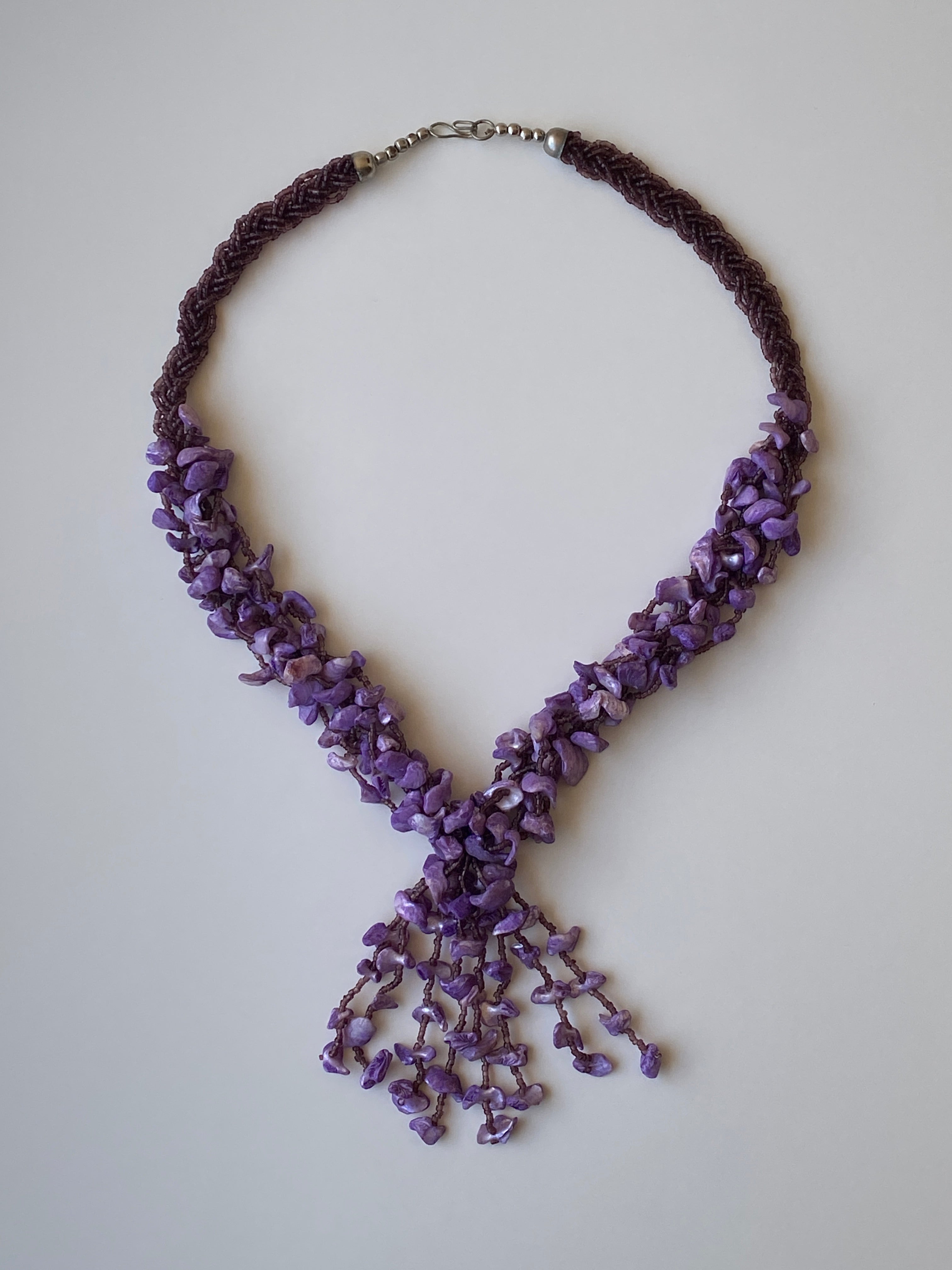 Vintage Purple Chip Stone & Seed Bead Braided Tassel Fringe Necklace
