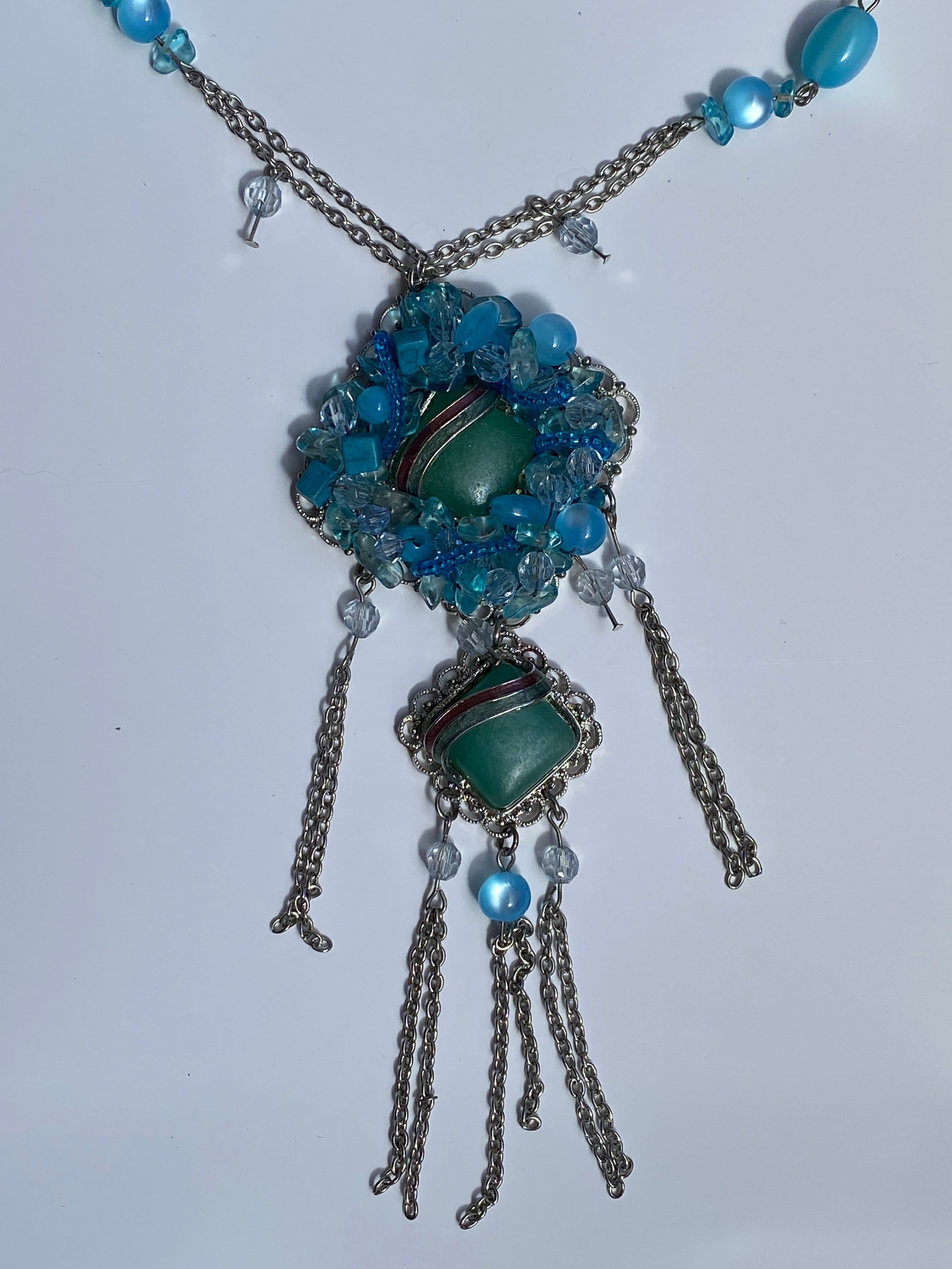 Vintage Y2K Blue Beaded Silver Tone Fringe Pendant Necklace