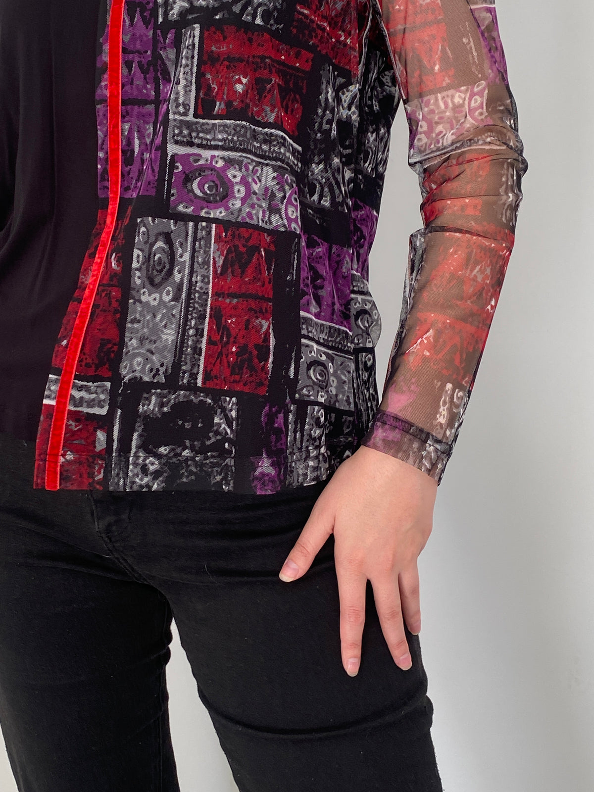 Vintage EQUUS Black Abstract Print Mesh Sleeve Grunge Top – L