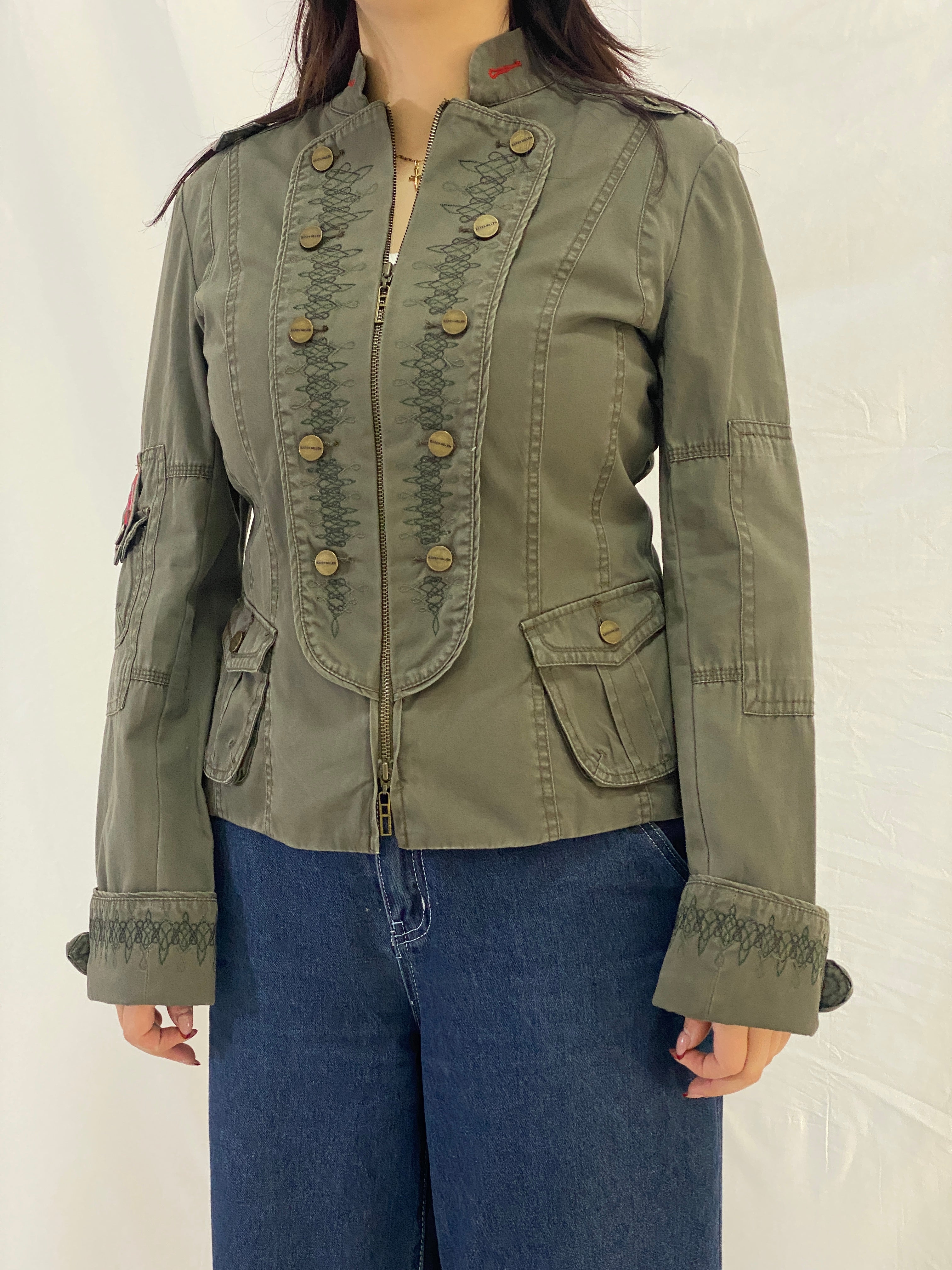 Karen Millen Olive Green Military-Style Embroidered Light Jacket - M
