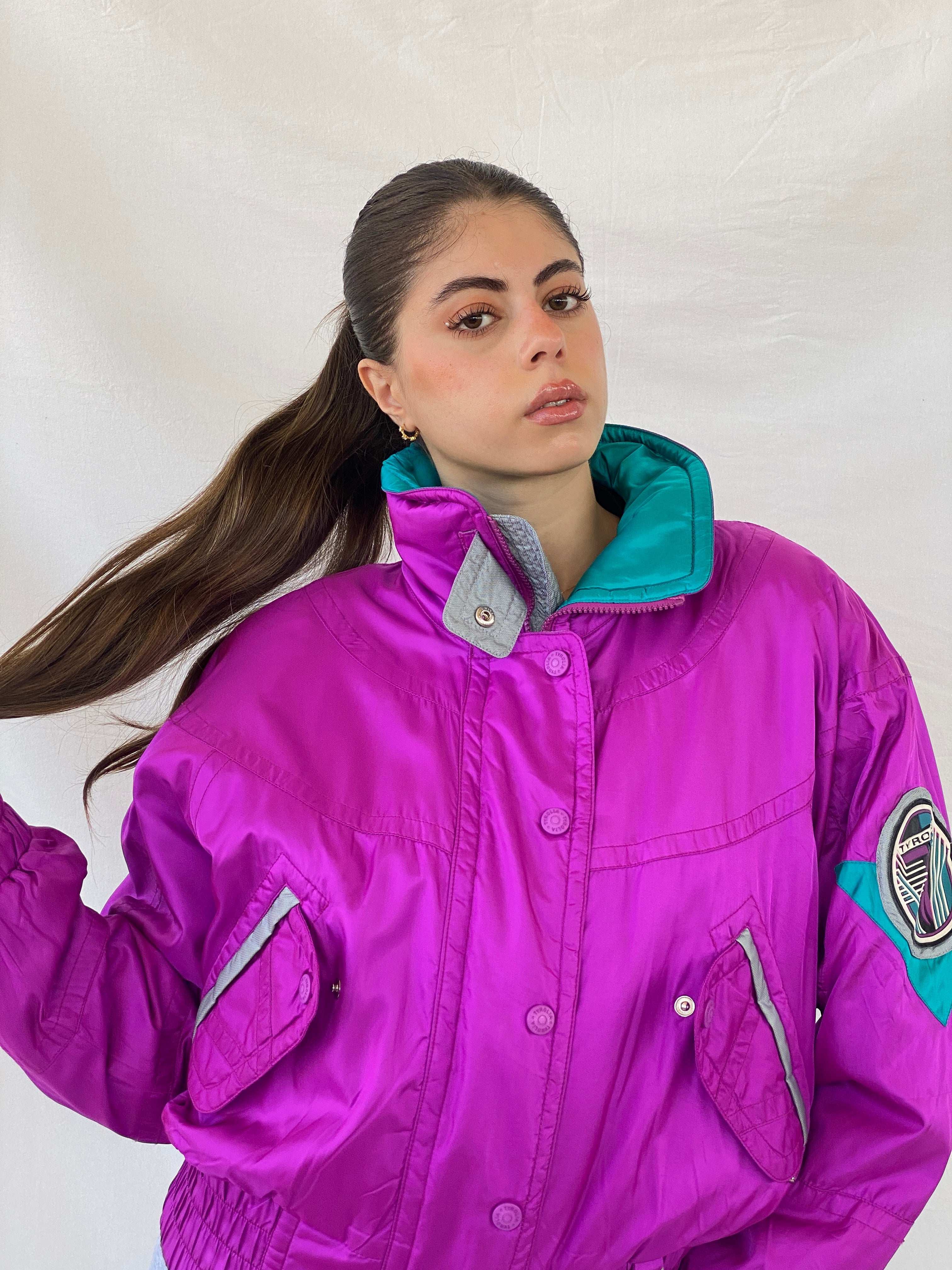 80s/90s TYROLIA Skiwear Pink and Green Ski Puffer Jacket - M