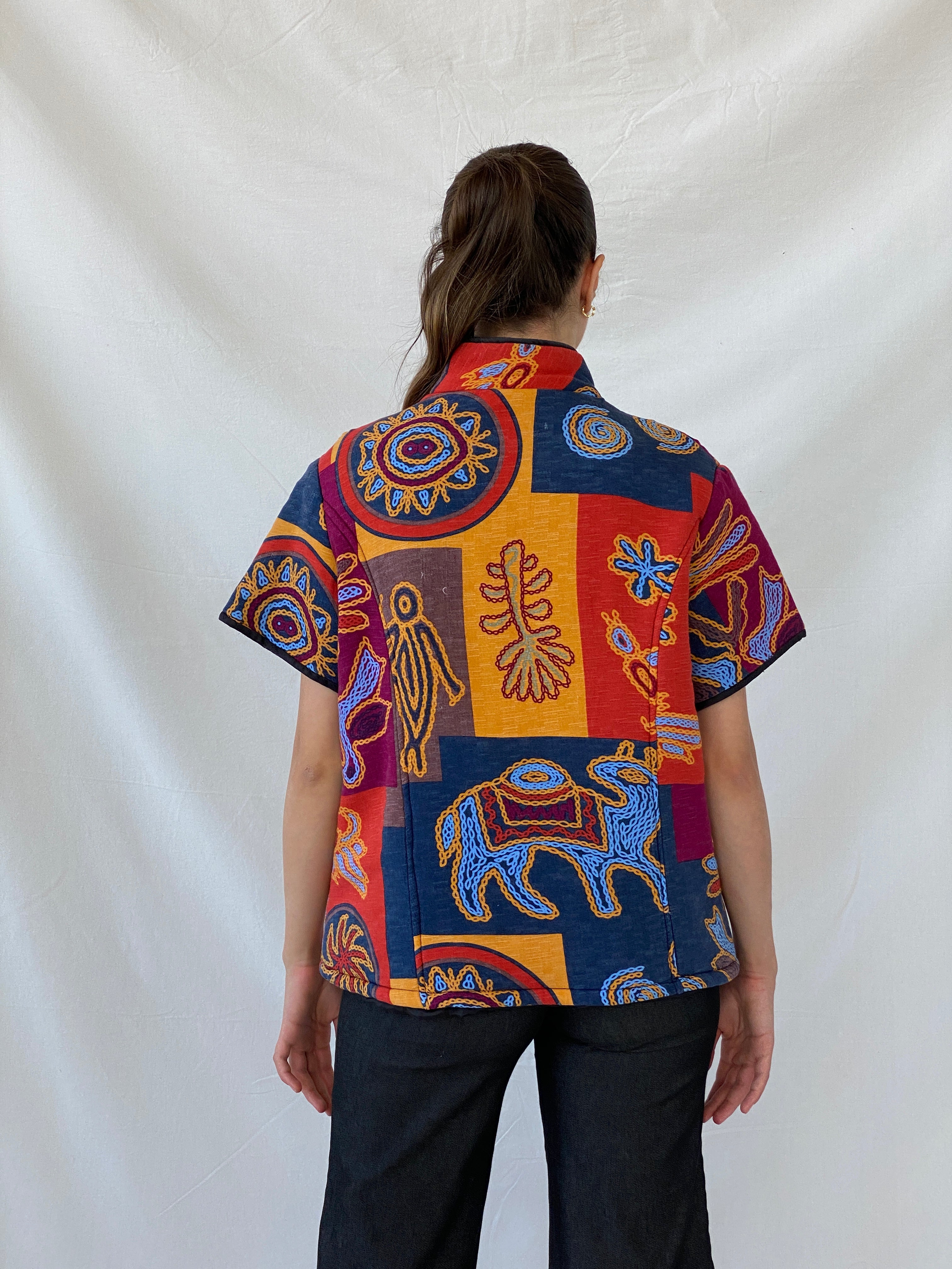 Quilted Japanese Bolero Kimono Ethnic Tribal Multicolor Jacket - L