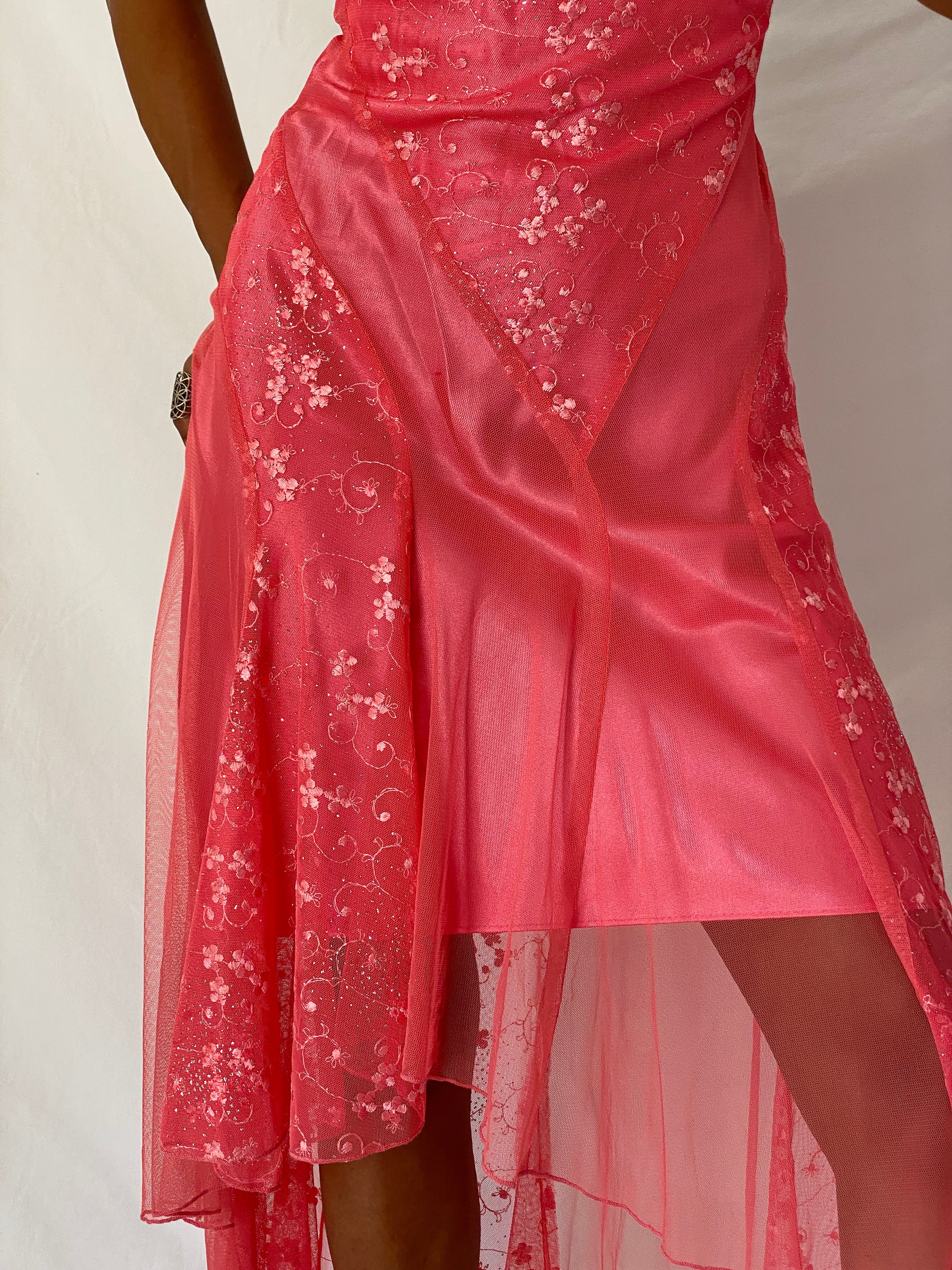 Vintage Y2K Eureka USA Hot Pink Embroidered Glitter Mesh High-Low Dress - XS