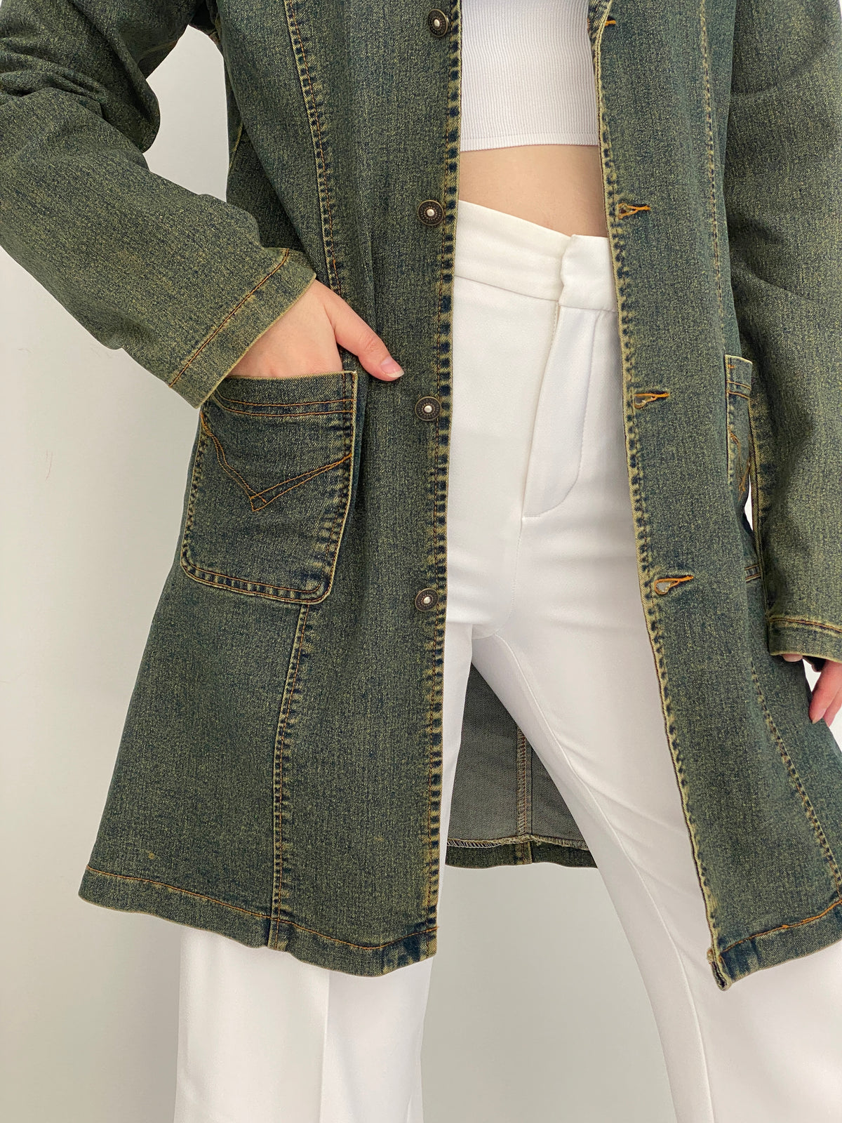 Vintage Y2K C&Y Classic Jeans Olive Blue Cotton Denim Longline Blazer Coat - XL