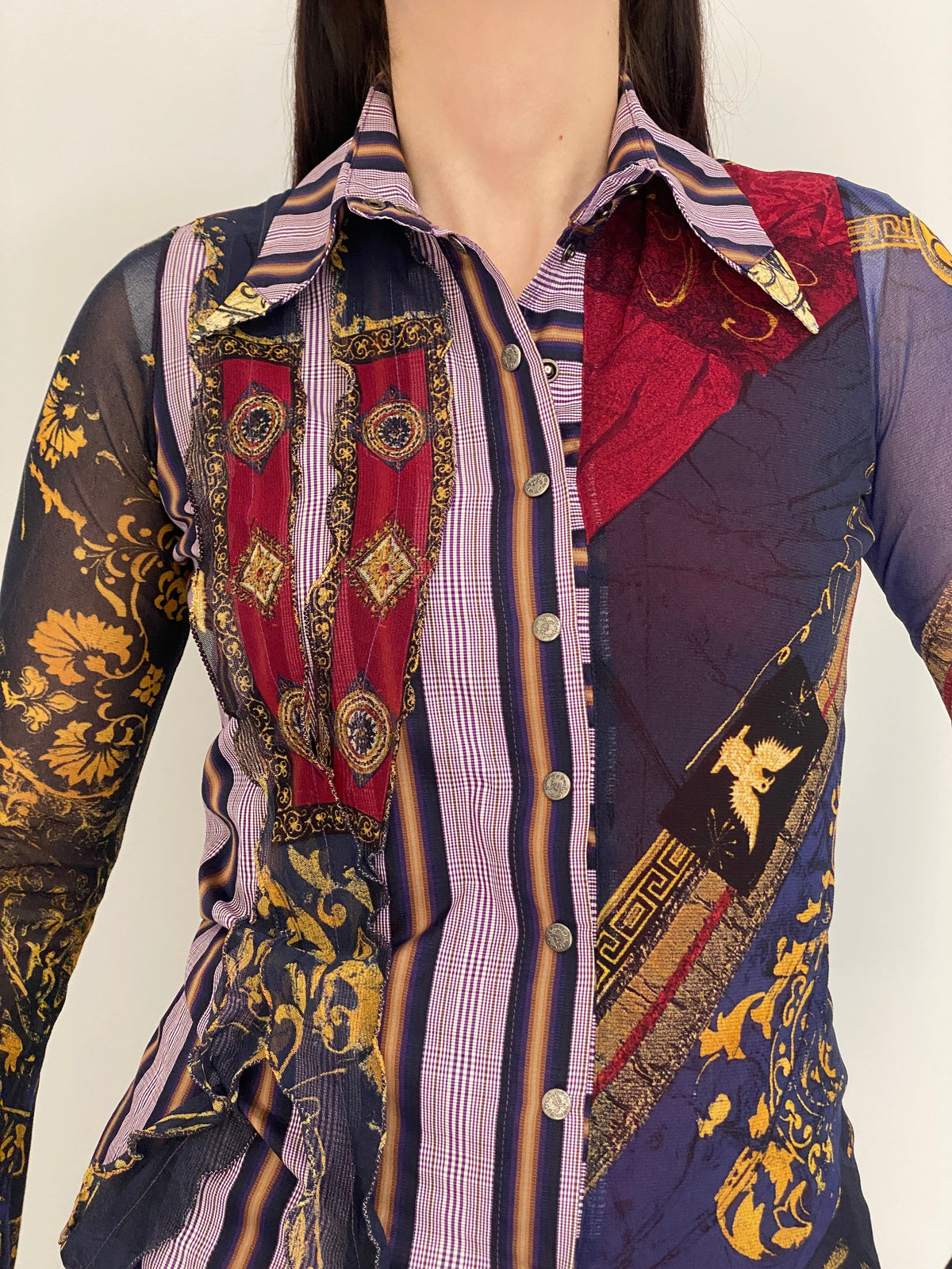 Y2K Save The Queen! Multicolor Whimsical Baroque Sheer Shirt – M