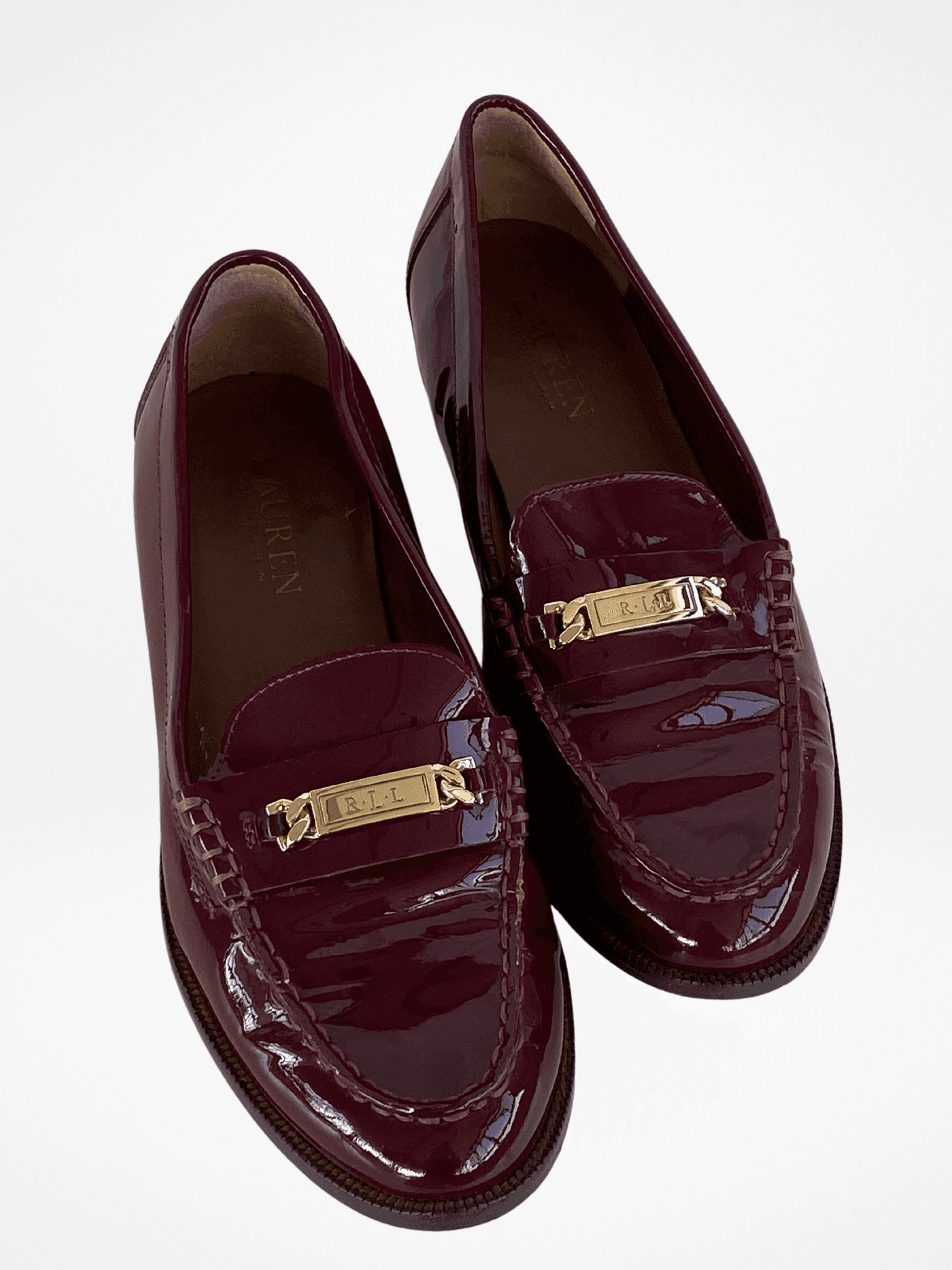 Ralph Lauren RLL Polished Patent Leather Burgundy Loafers - 38