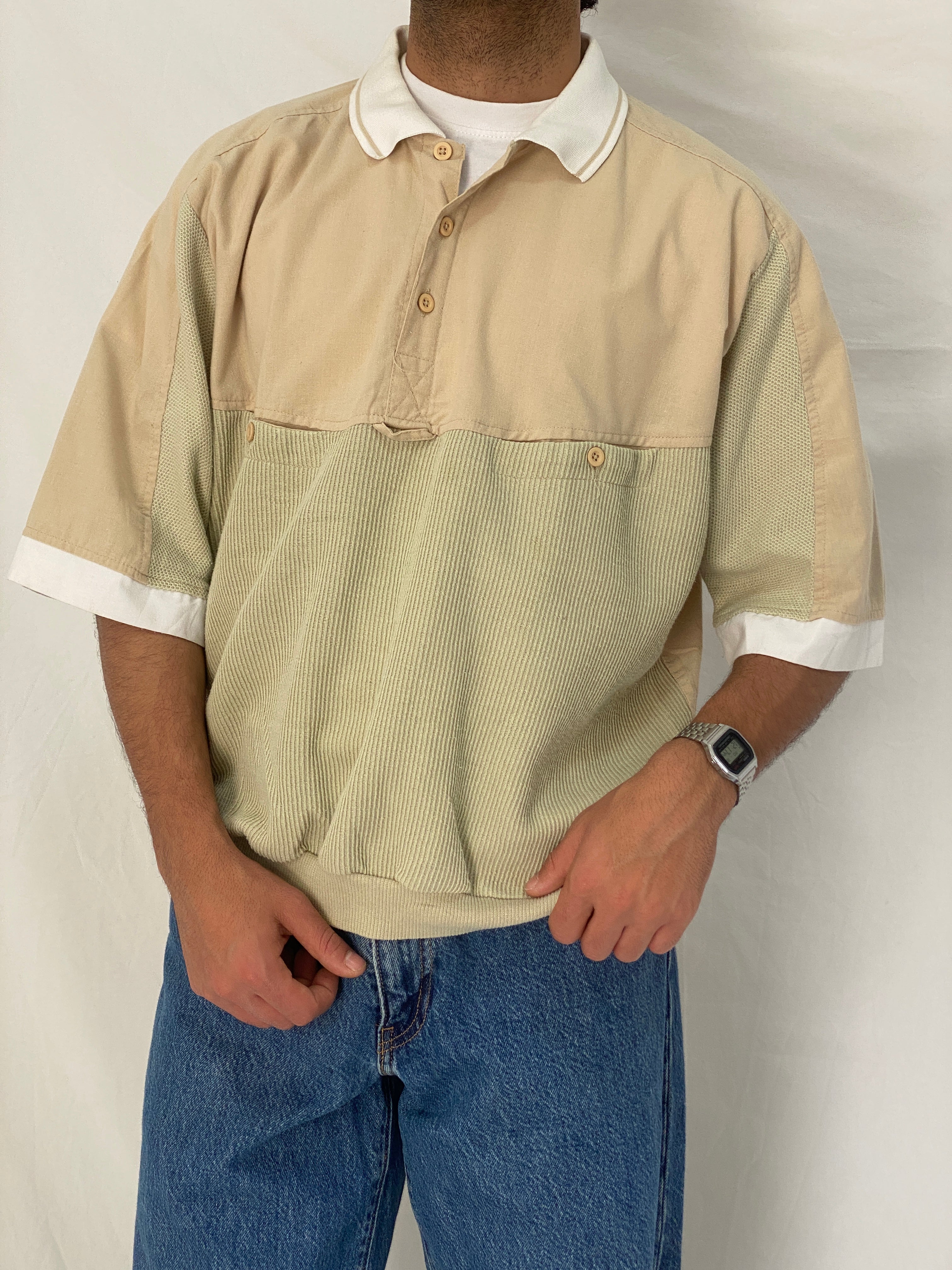90s Beige Ribbed Elastic Waist Polo Top Minimalist Color Block Shirt – L