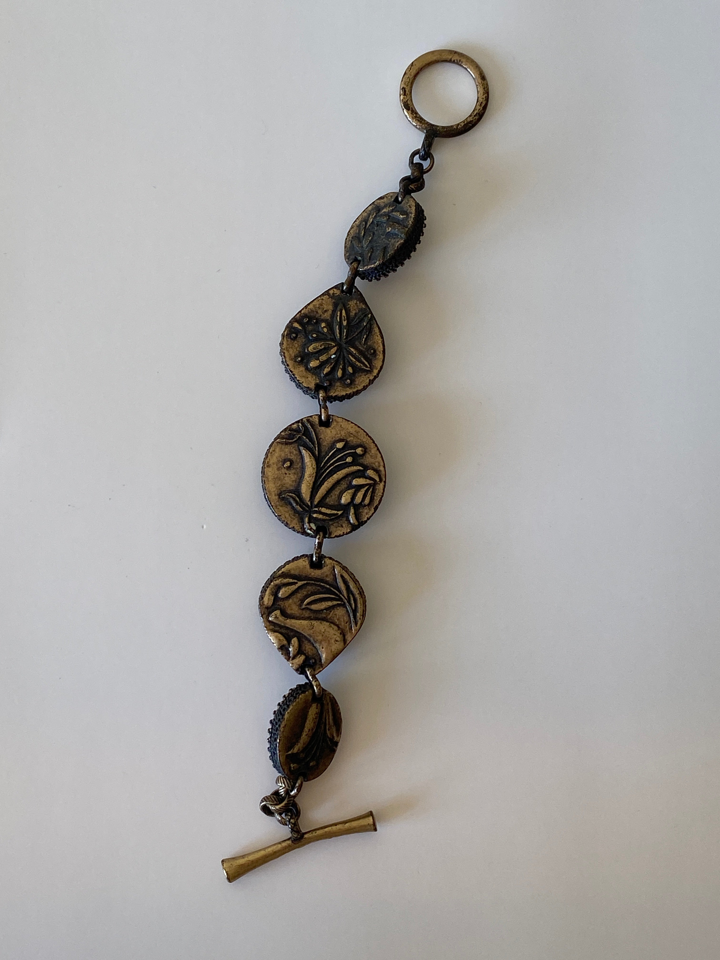 Vintage Lucky Brand Boho Wood & Brass Bracelet Toggle Clasp Ethnic Statement Jewelry