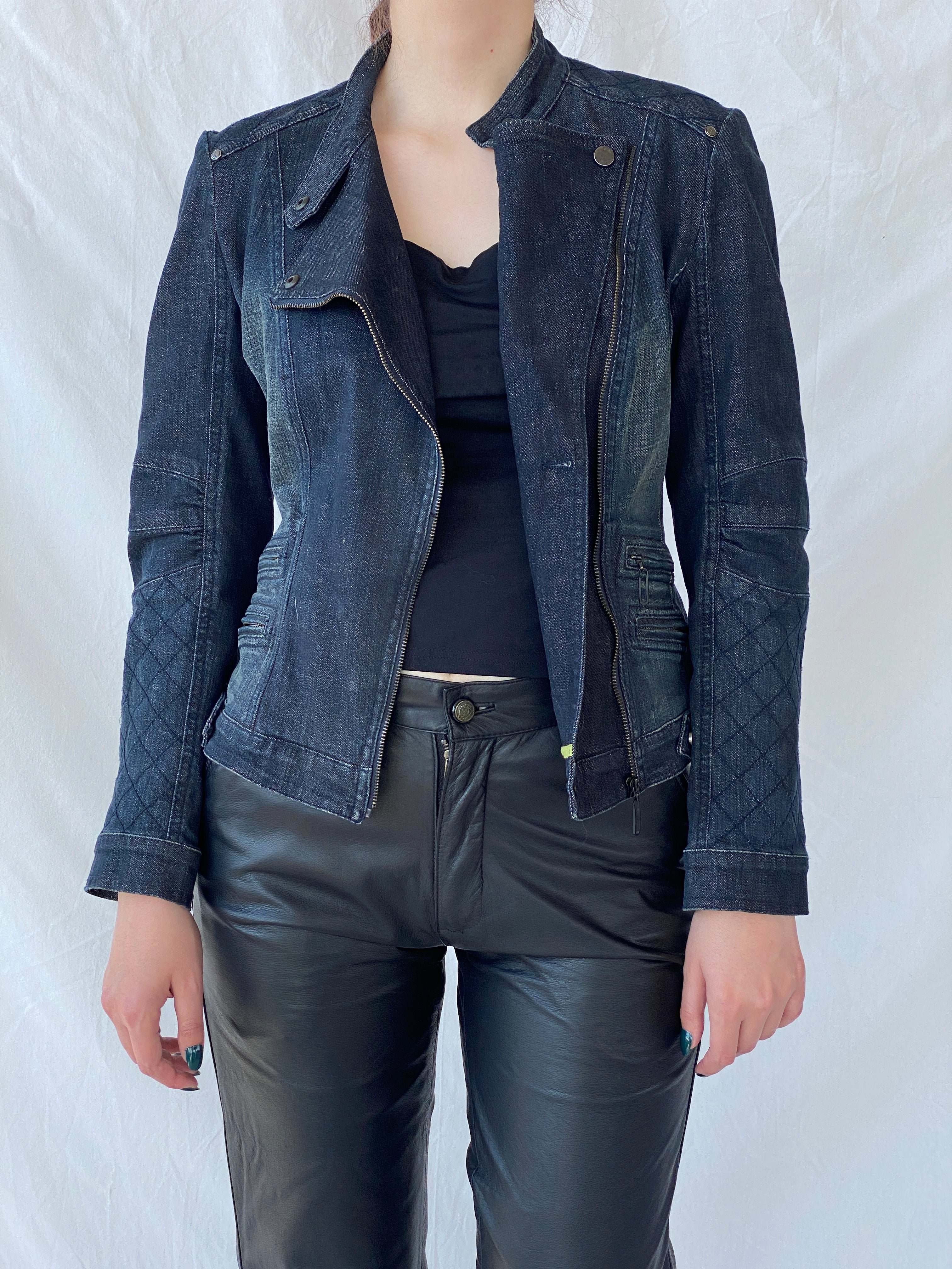 Vintage Y2K Betty Barclay Biker Zipper Denim Jacket With Quilted Detailing - M