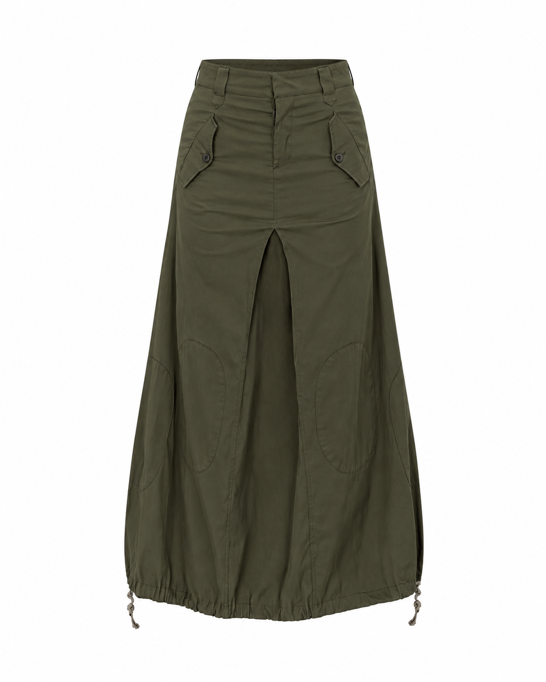 Vintage Y2K Olive Green Utility Cargo Maxi Skirt with Drawstring Hem - L