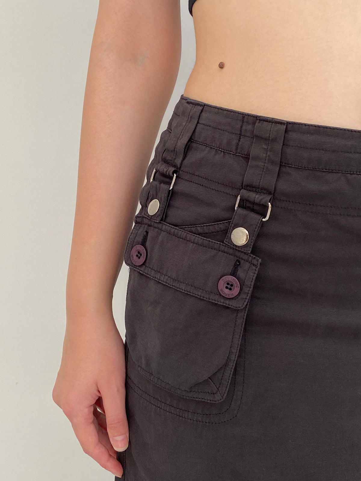 Vintage Y2K Gin Tonic Charcoal Grey Cotton-Blend Utility Zip-Front Midi Skirt - 40EUR