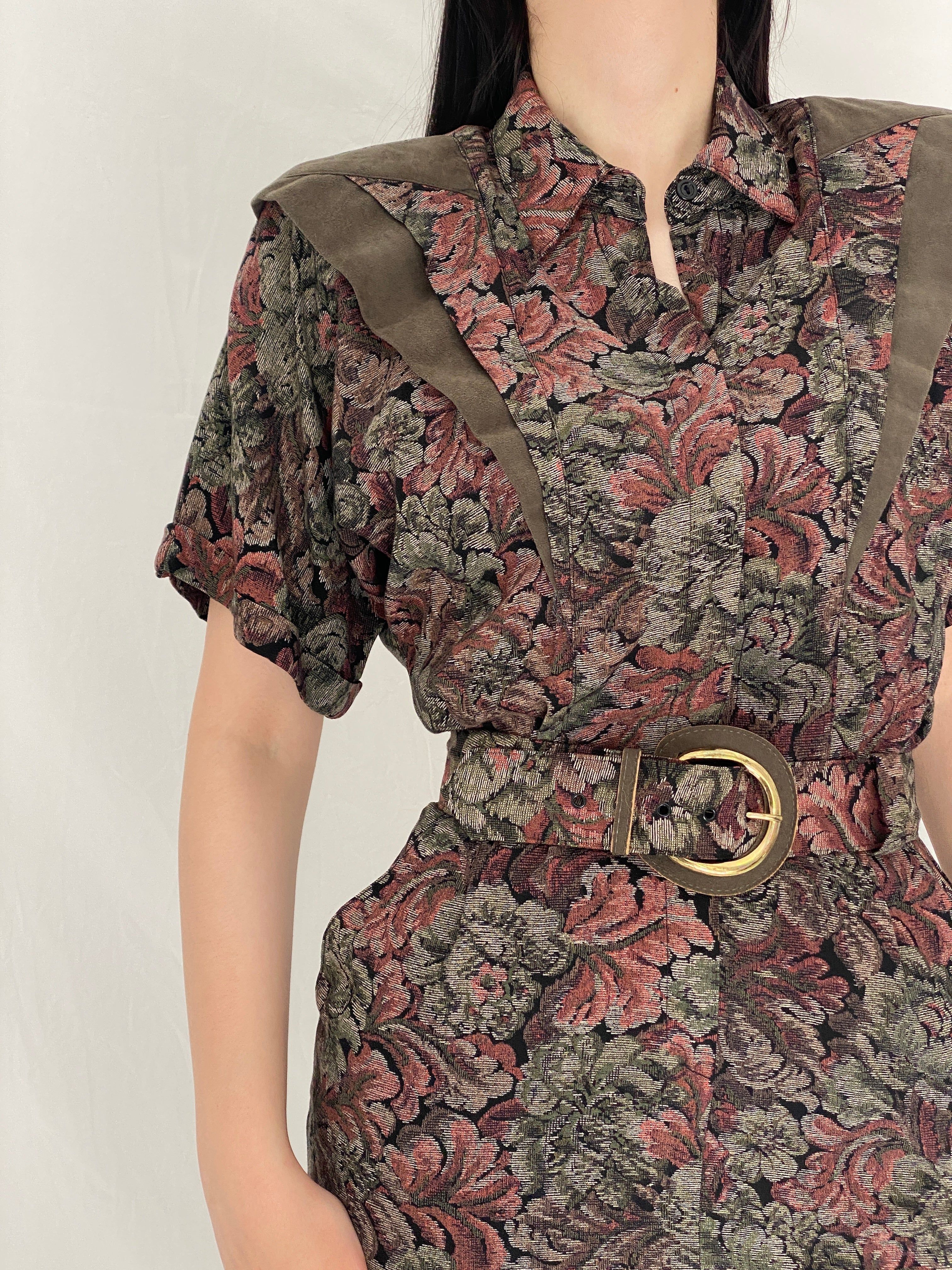 Vintage 90s Positive Influence Floral Belted Earth Tone Tapestry Mini Dress - S