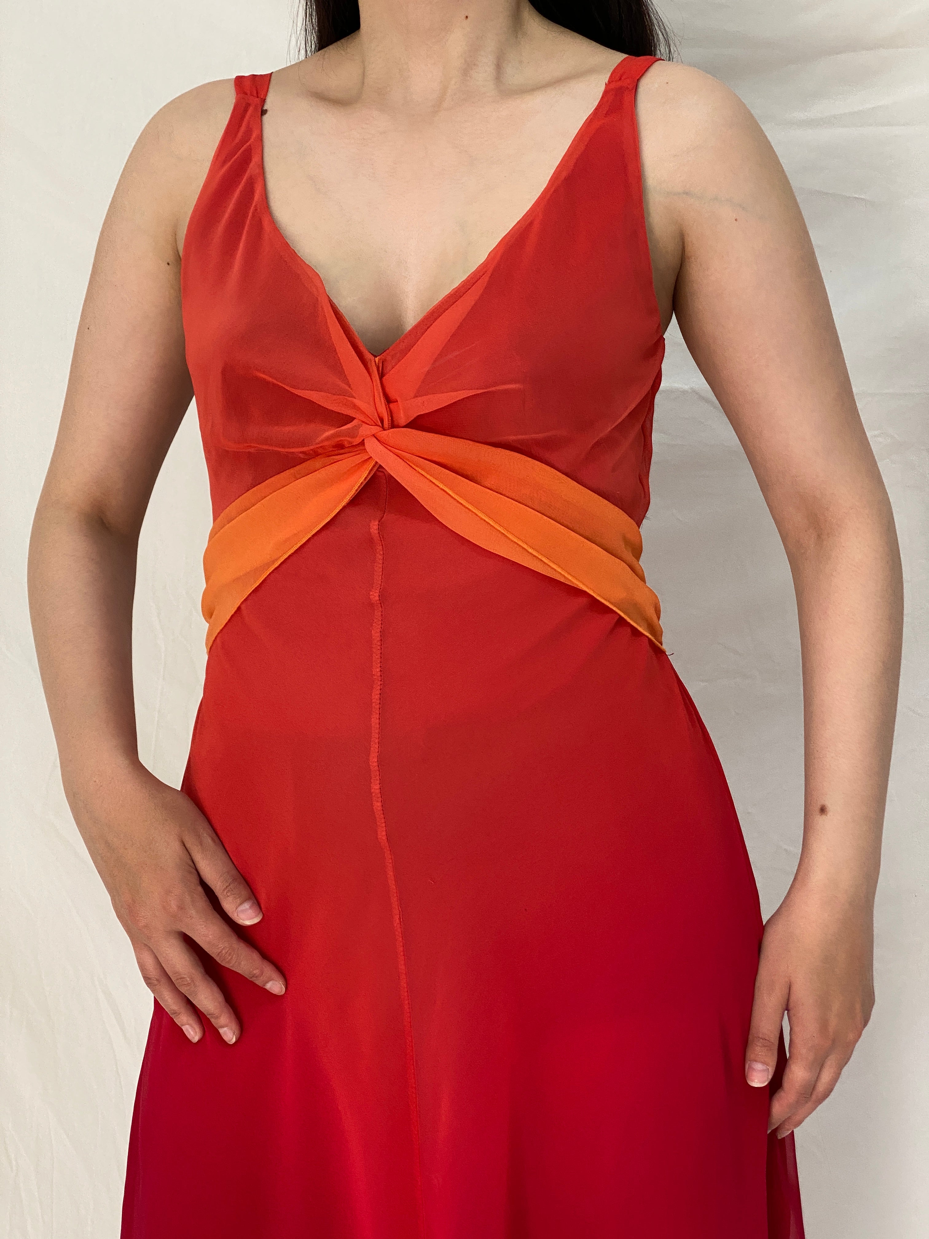 Vintage 90s BAY Red Orange Ombre Chiffon Midi Wedding Guest Dress – M