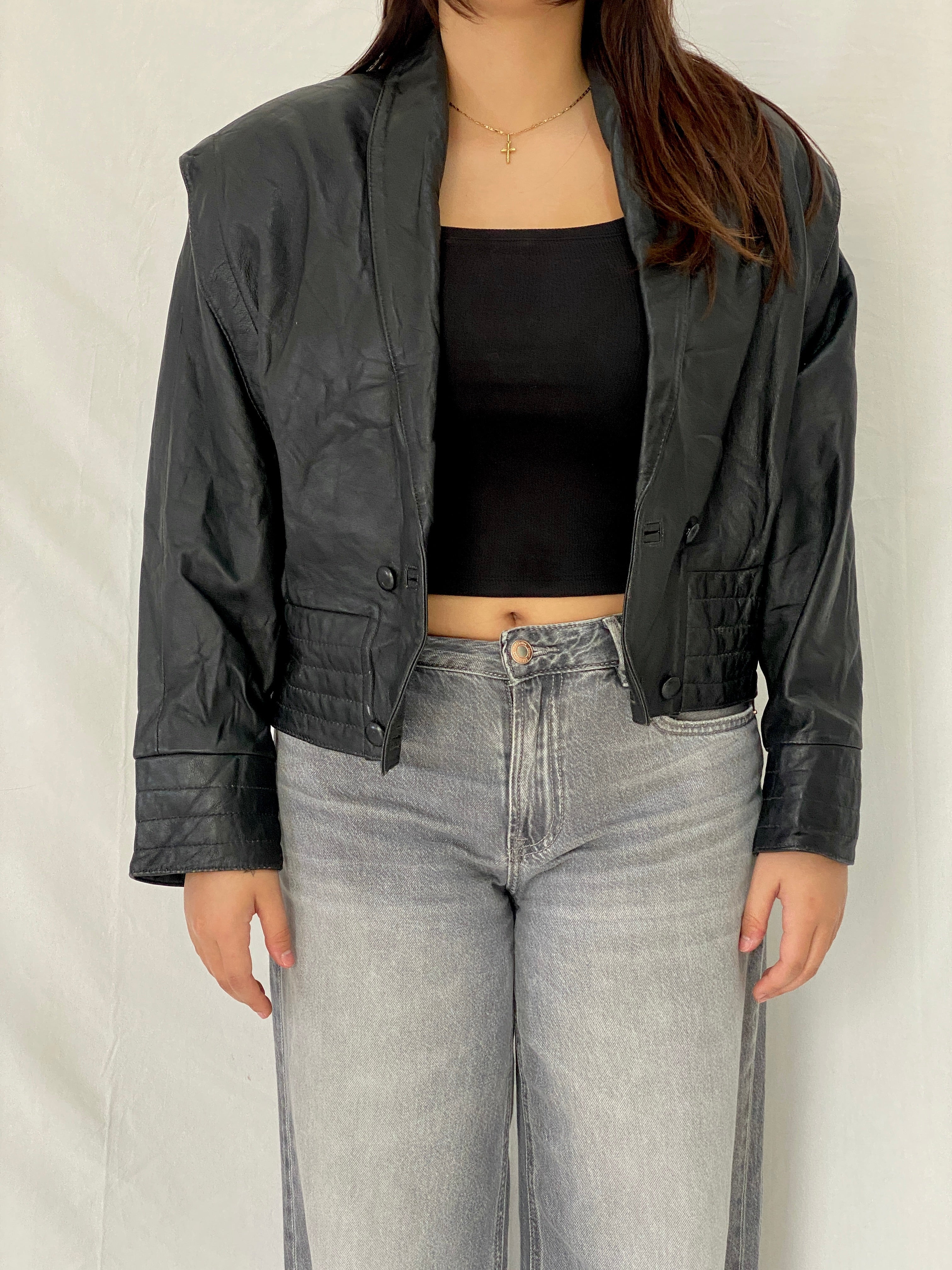 Vintage 80s Greek Kelesidi Leather Bomber Jacket Black Power Shoulder Blazer - M