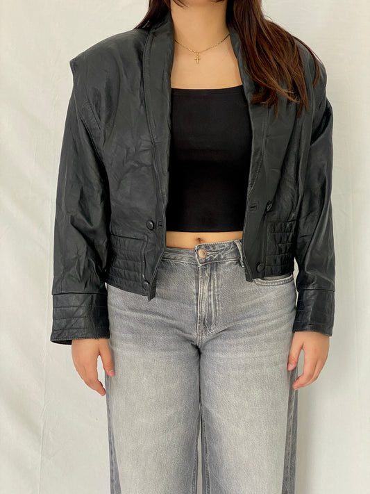 Vintage 80s Greek Kelesidi Leather Bomber Jacket Black Power Shoulder Blazer - M