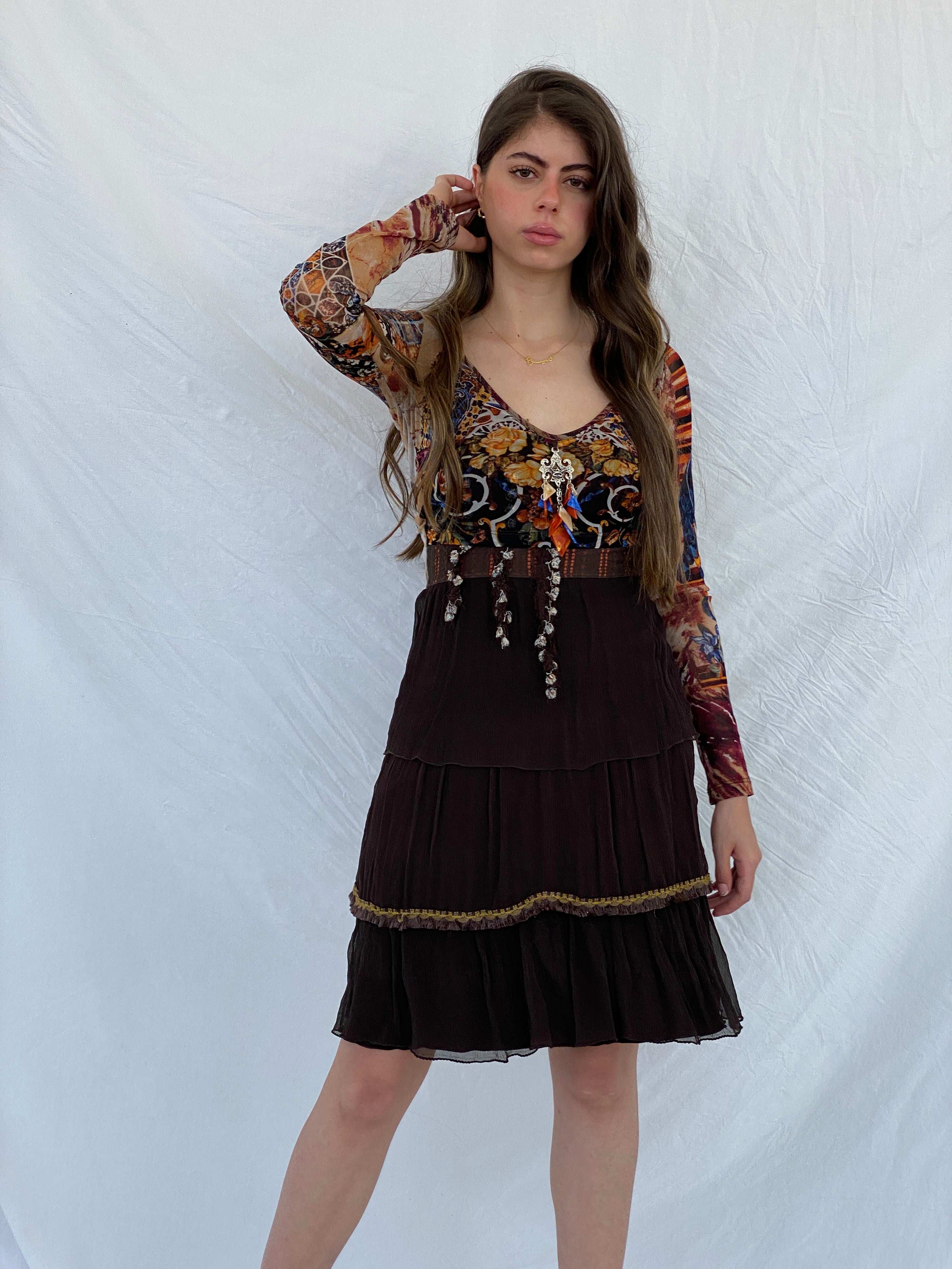 Statement Save The Queen Printed Brown Tulle-Ruffled Midi Dress - M - Balagan Vintage Midi Dress 00s, 90s, 90s dress, floral dress, midi dress, Mira, NEW IN, save the queen, Wedding Guest