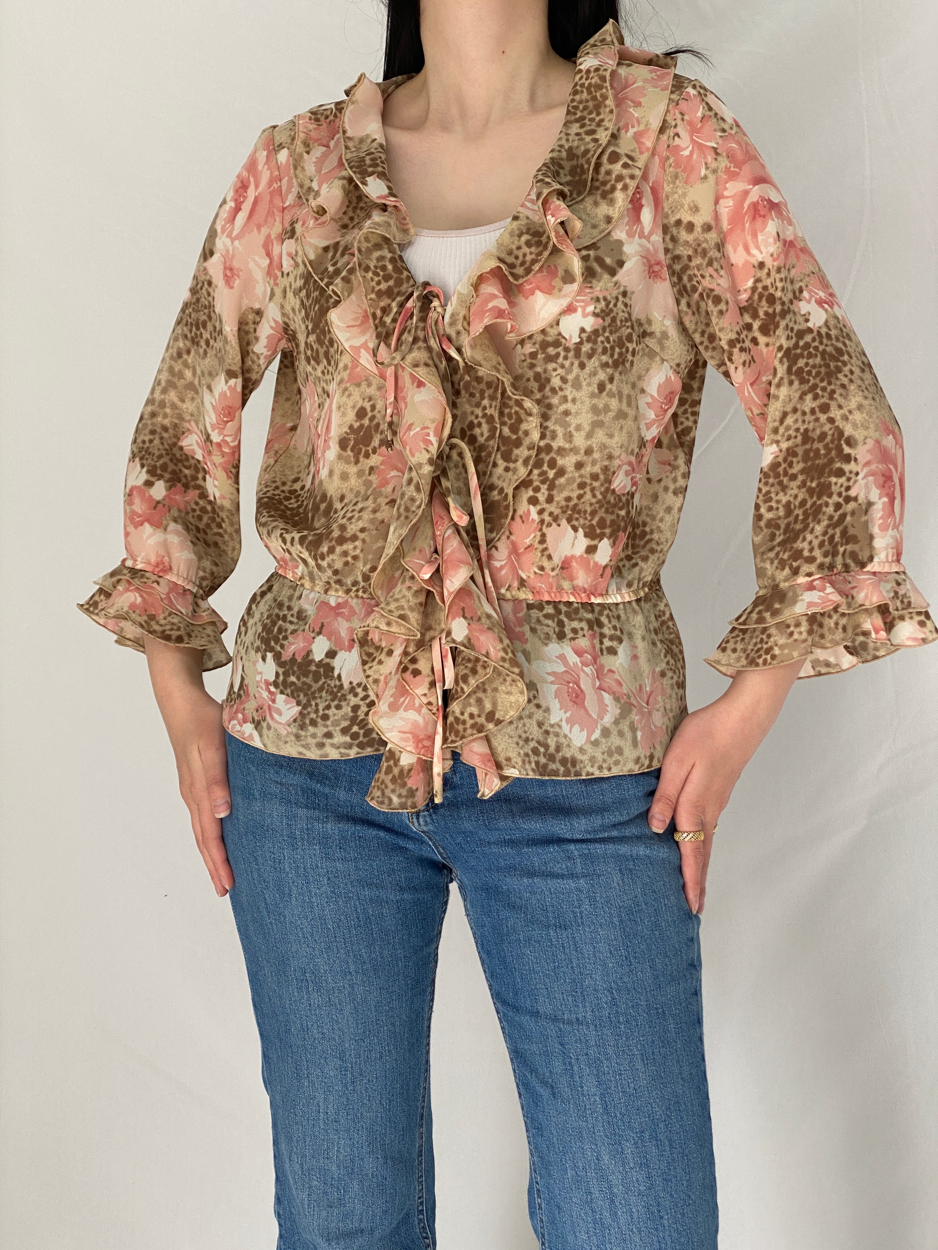 Vintage Y2K La Cara Mode Vögele Pink Brown Floral & Leopard Print Ruffle Front Tie Blouse - XL