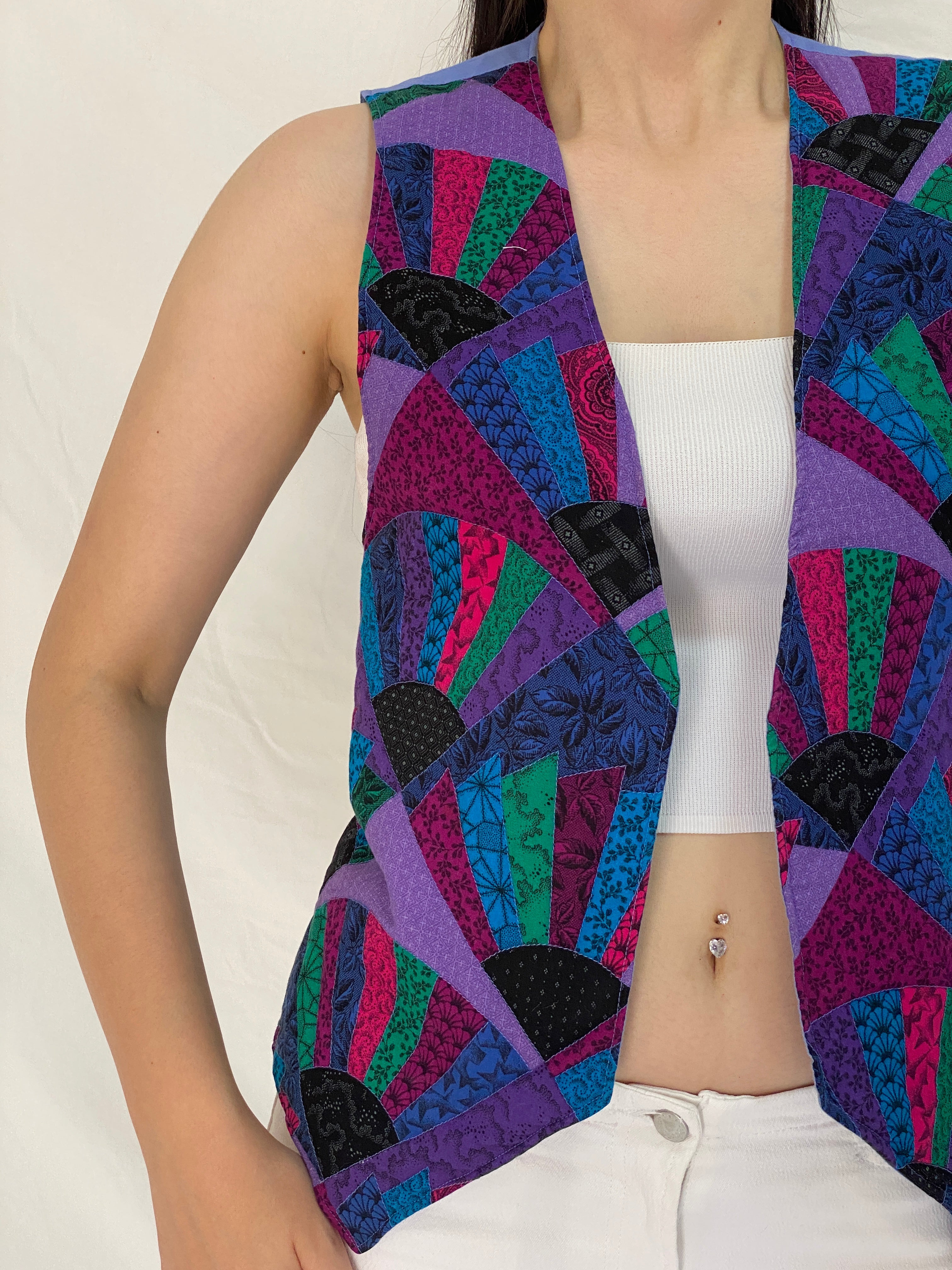 Vintage 90s Purple Multicolor Patchwork Fan Print Open Front Vest - M