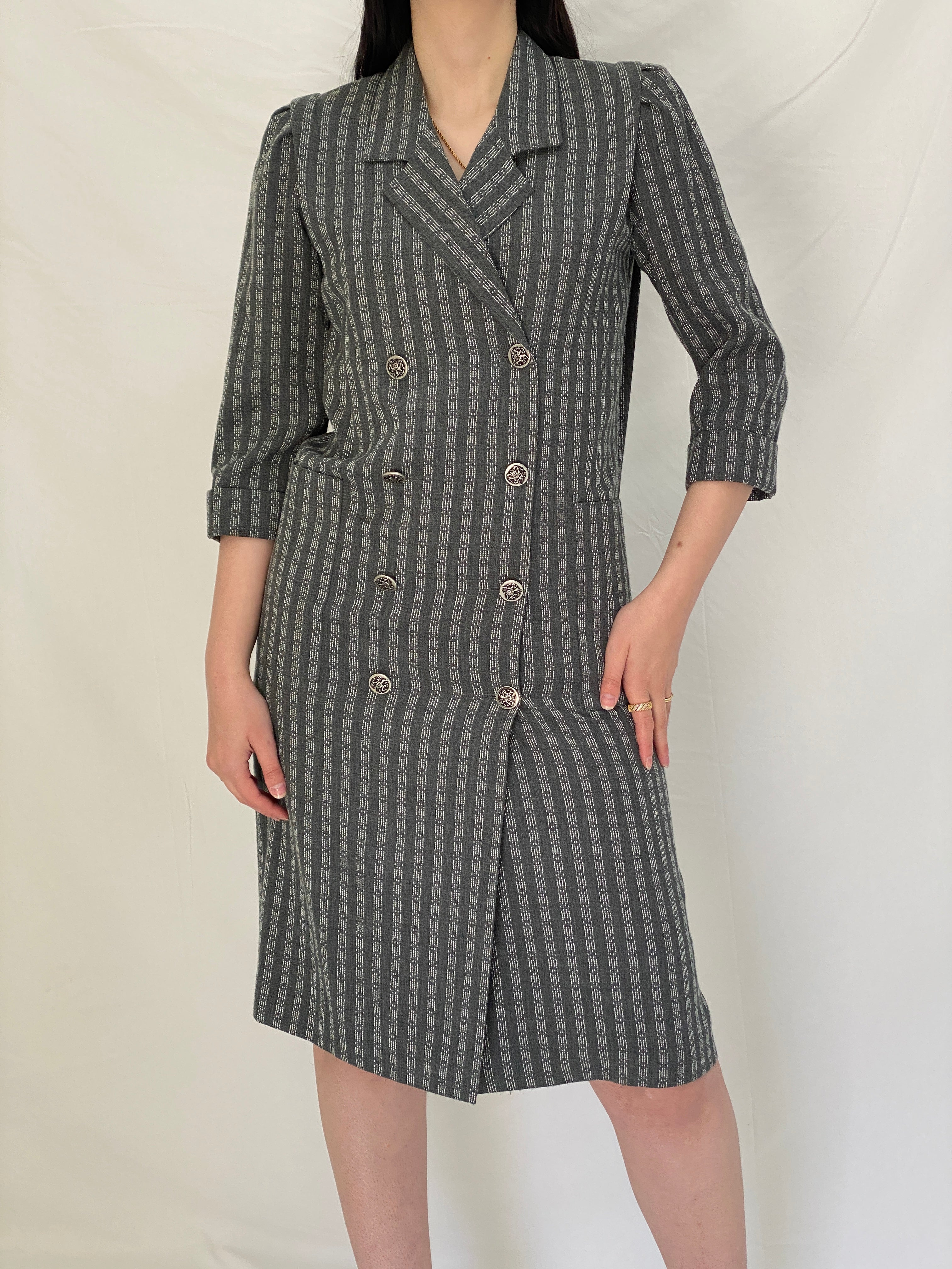 Vintage Leslie Fay Petites Gray Textured Double Breasted Blazer Dress - S
