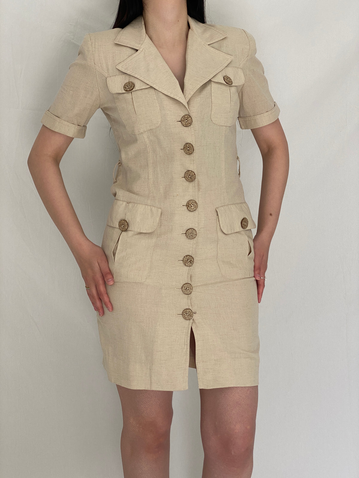 Vintage SISAN Couture Beige Safari-Style Linen Blend Belted Dress Vintage SISAN Couture Beige Safari-Style Linen Blend Belted Dress