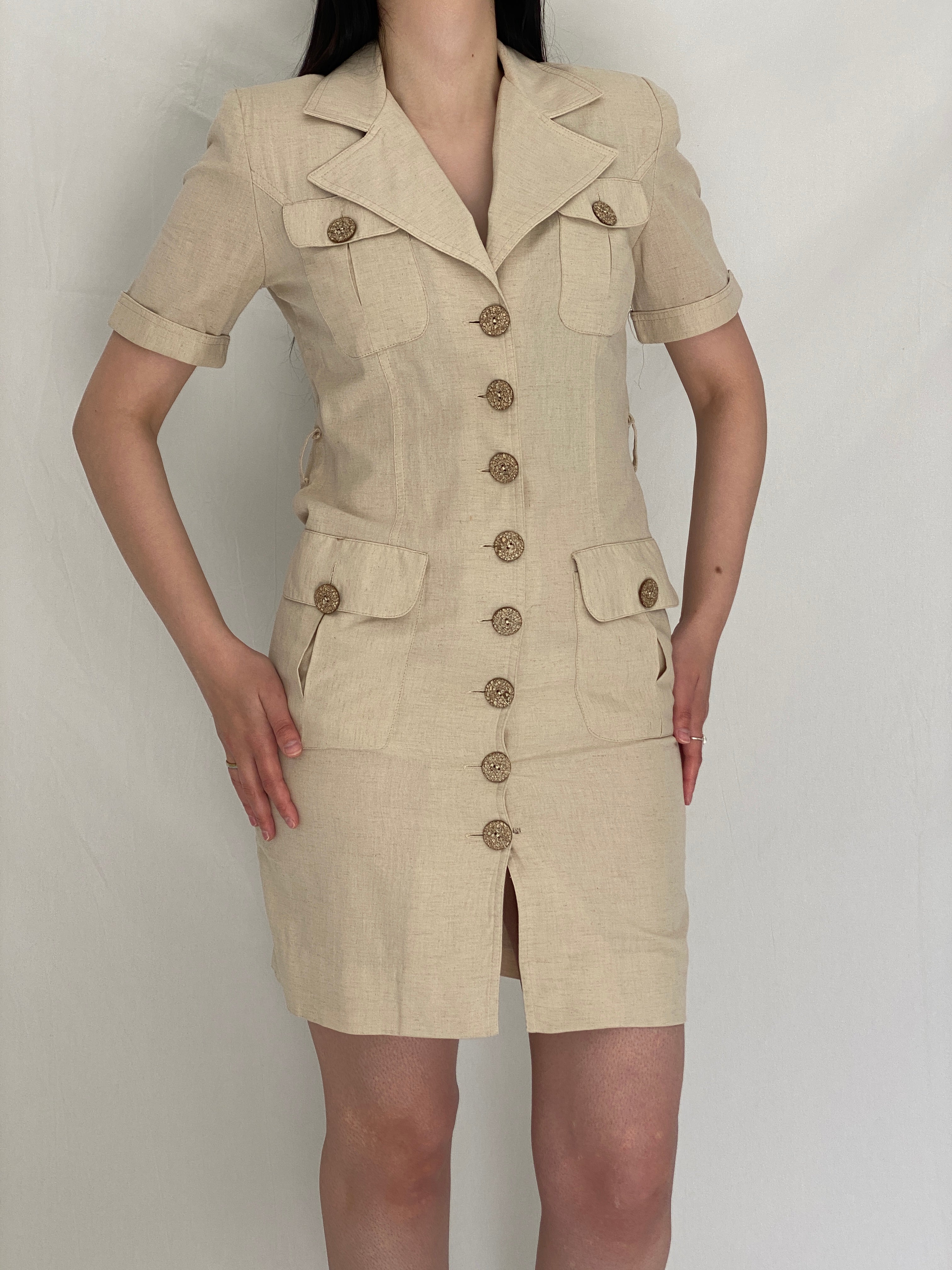 Vintage SISAN Couture Beige Safari-Style Linen Blend Belted Dress - S Vintage SISAN Couture Beige Safari-Style Linen Blend Belted Dress - S