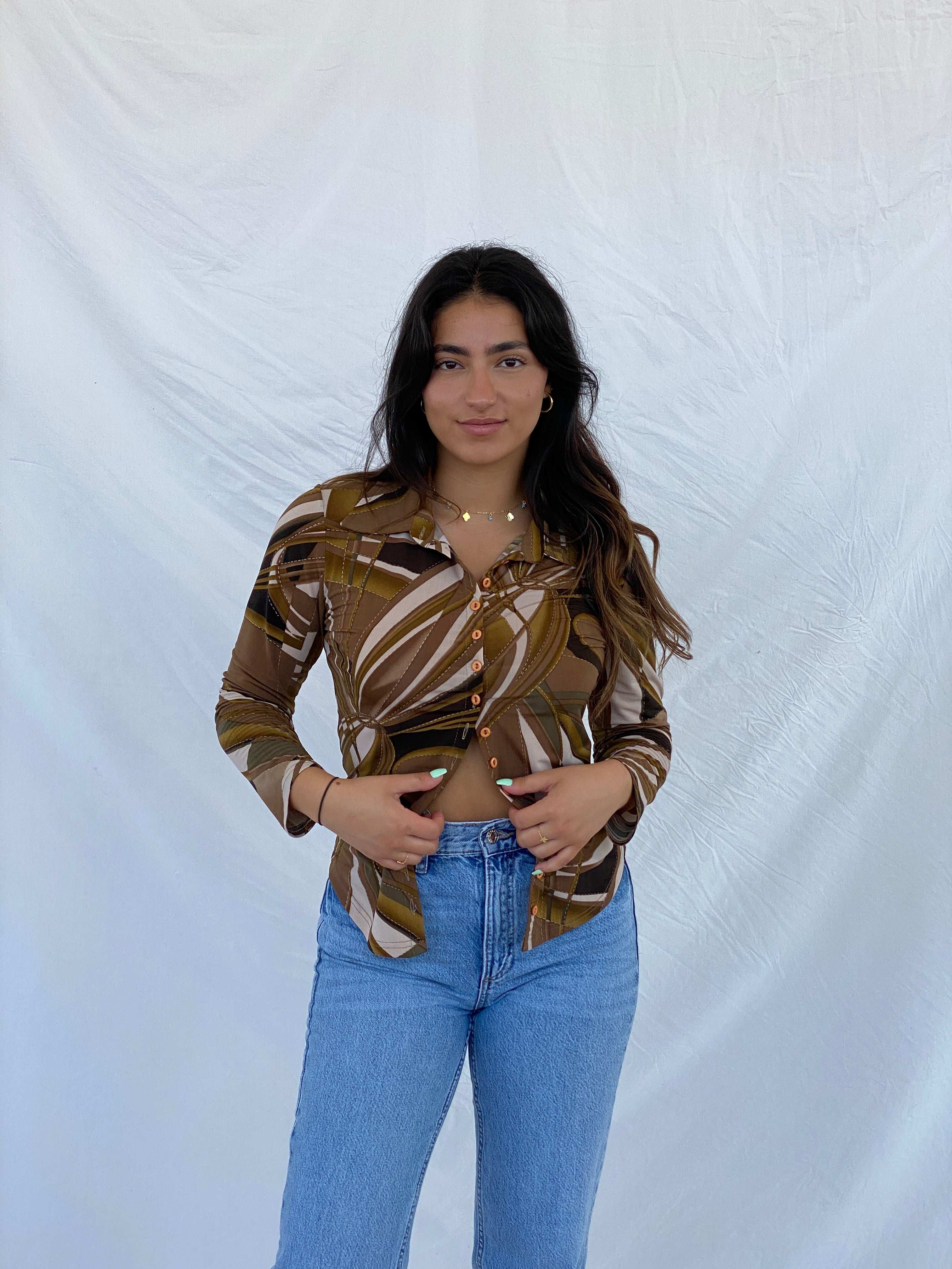 Y2K Groovy Favori Button Up Brown Shirt - S - Balagan Vintage Full Sleeve Shirt 00s, groovy, groovy shirt, Lana, NEW IN, summer