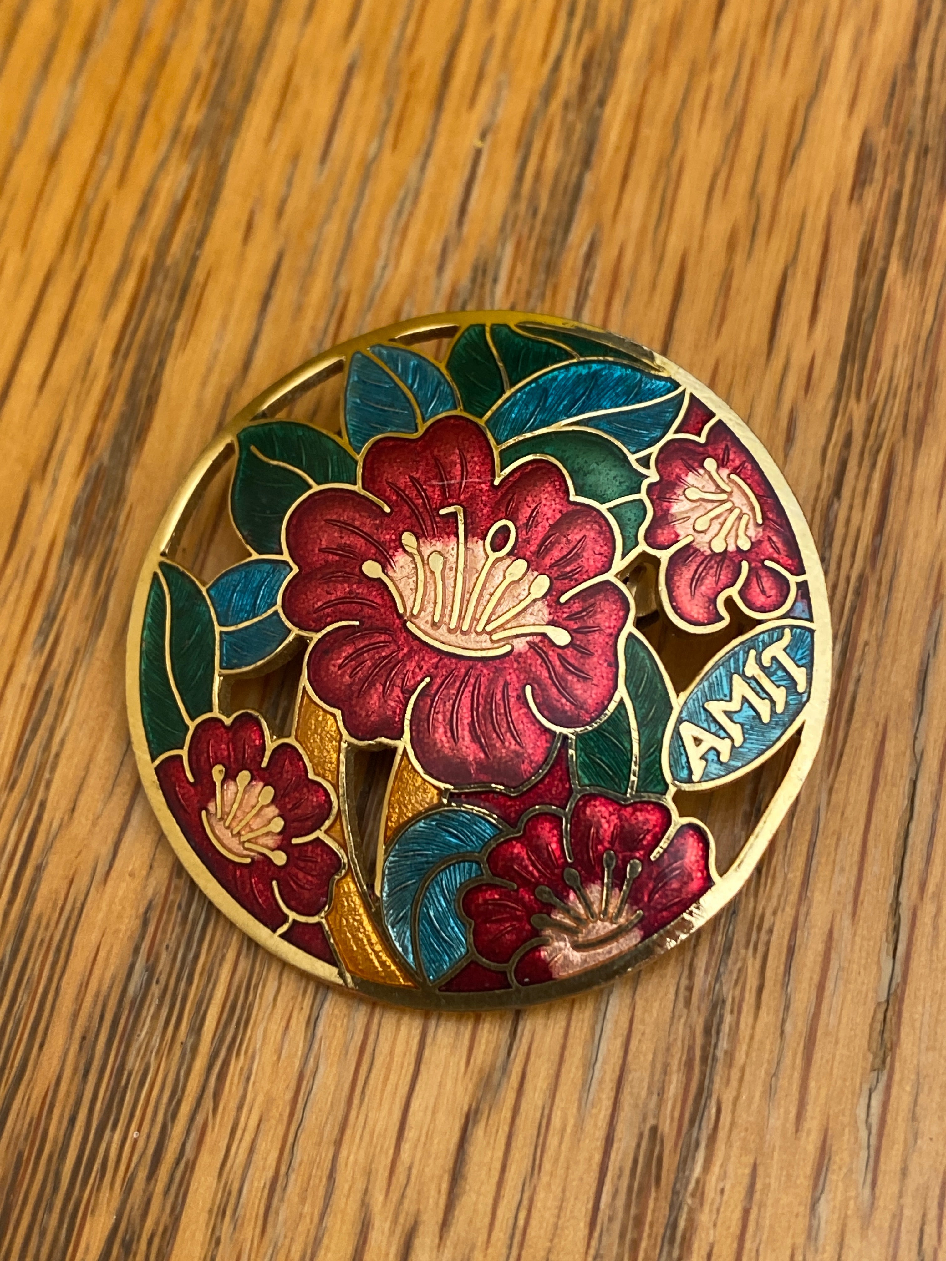 Vintage AMIT Enamel Floral Brooch Pendant Gold Tone Cloisonné Style Flower Medallion