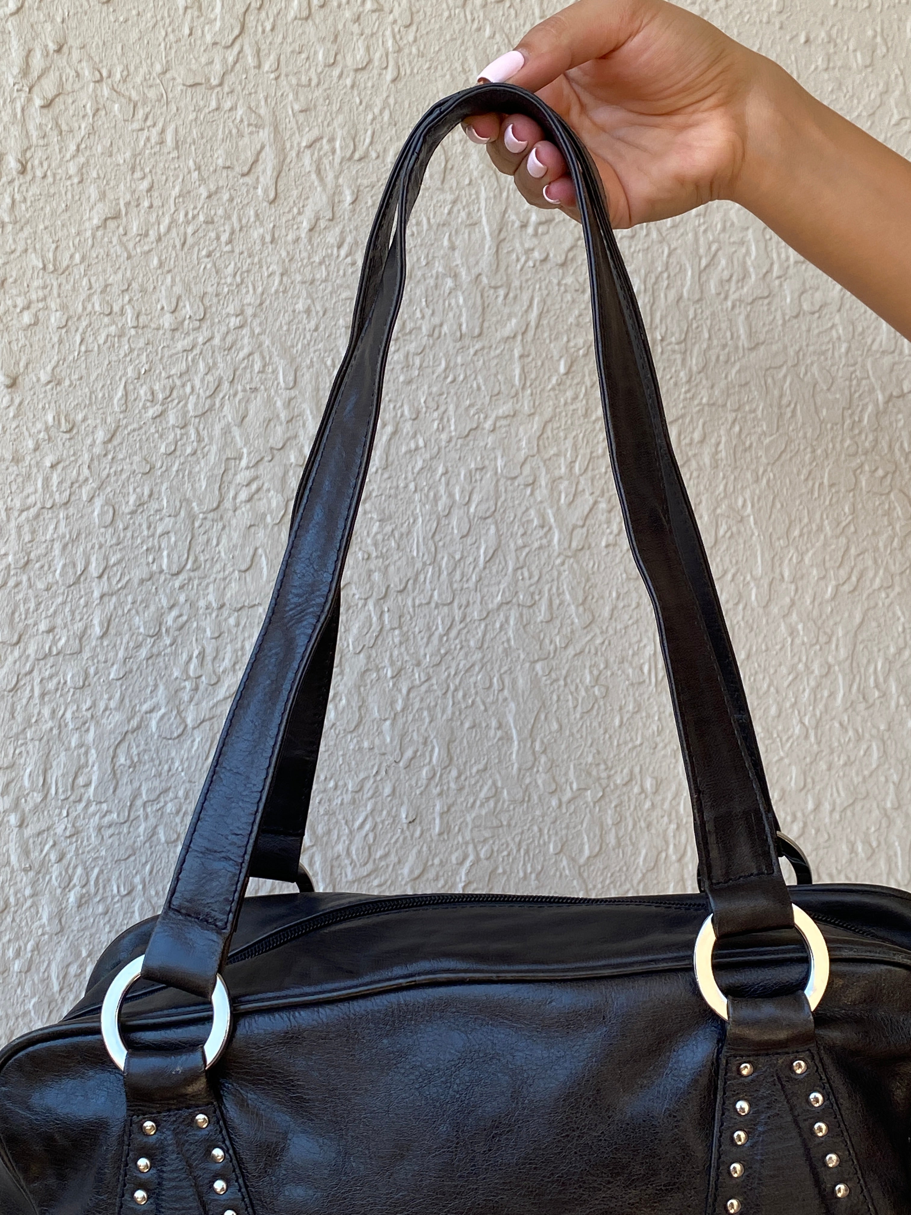 Vintage Black Faux Leather Studded Bowling Shoulder Bag