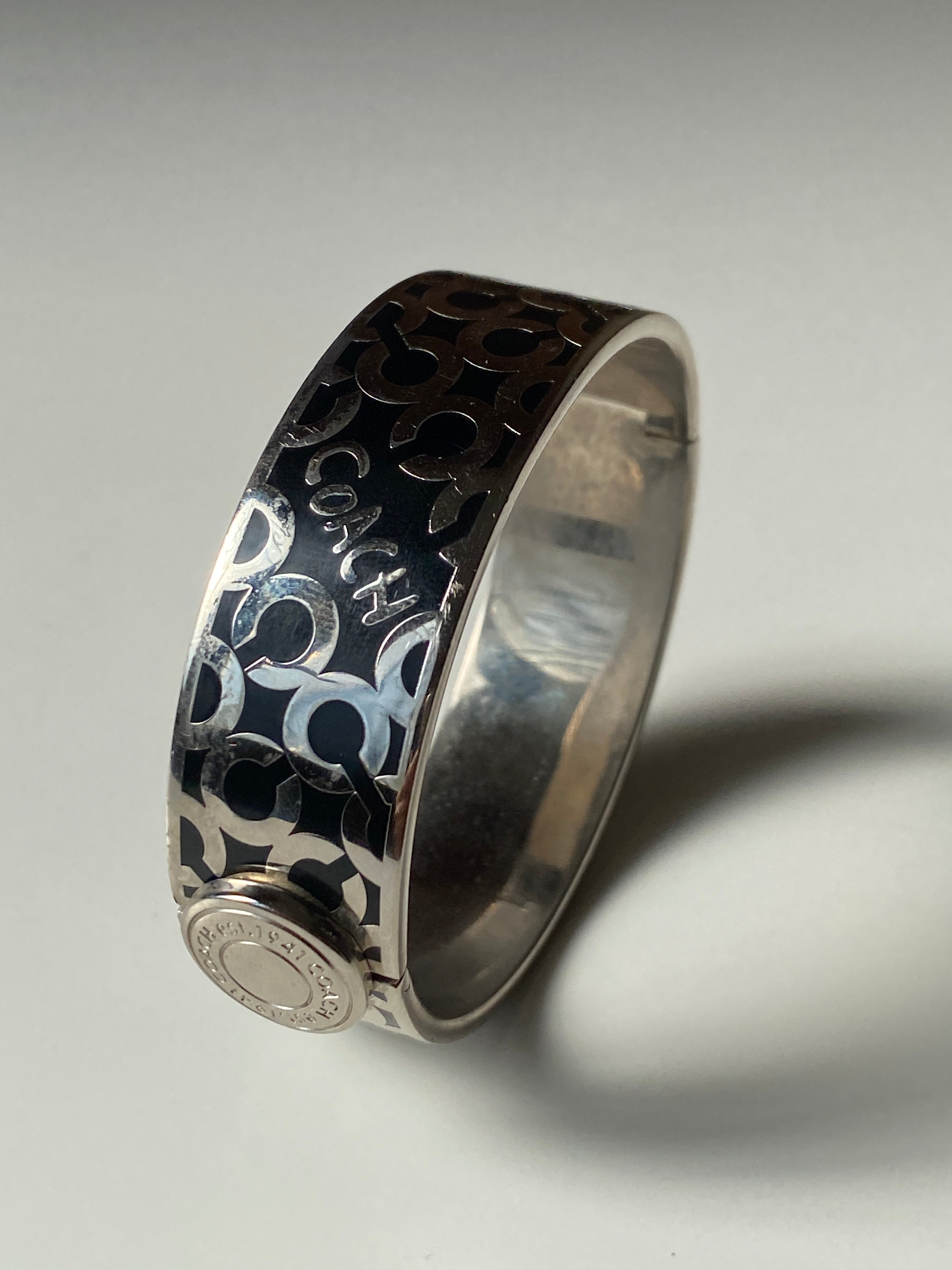 Coach Signature Enamel Logo Bangle Bracelet Silver-Tone Designer Cuff