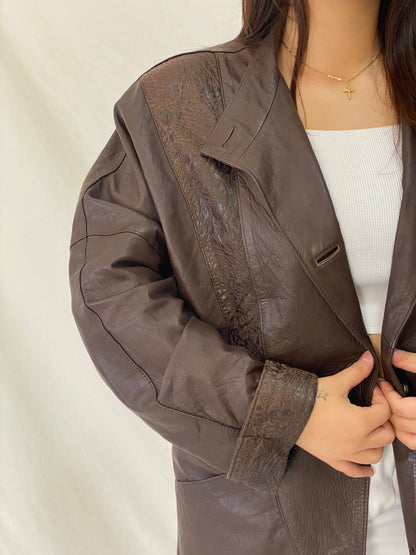 Vintage 1985 Brown Leather Blazer Coat Spanish Sheepskin Embossed Patchwork Jacket - L