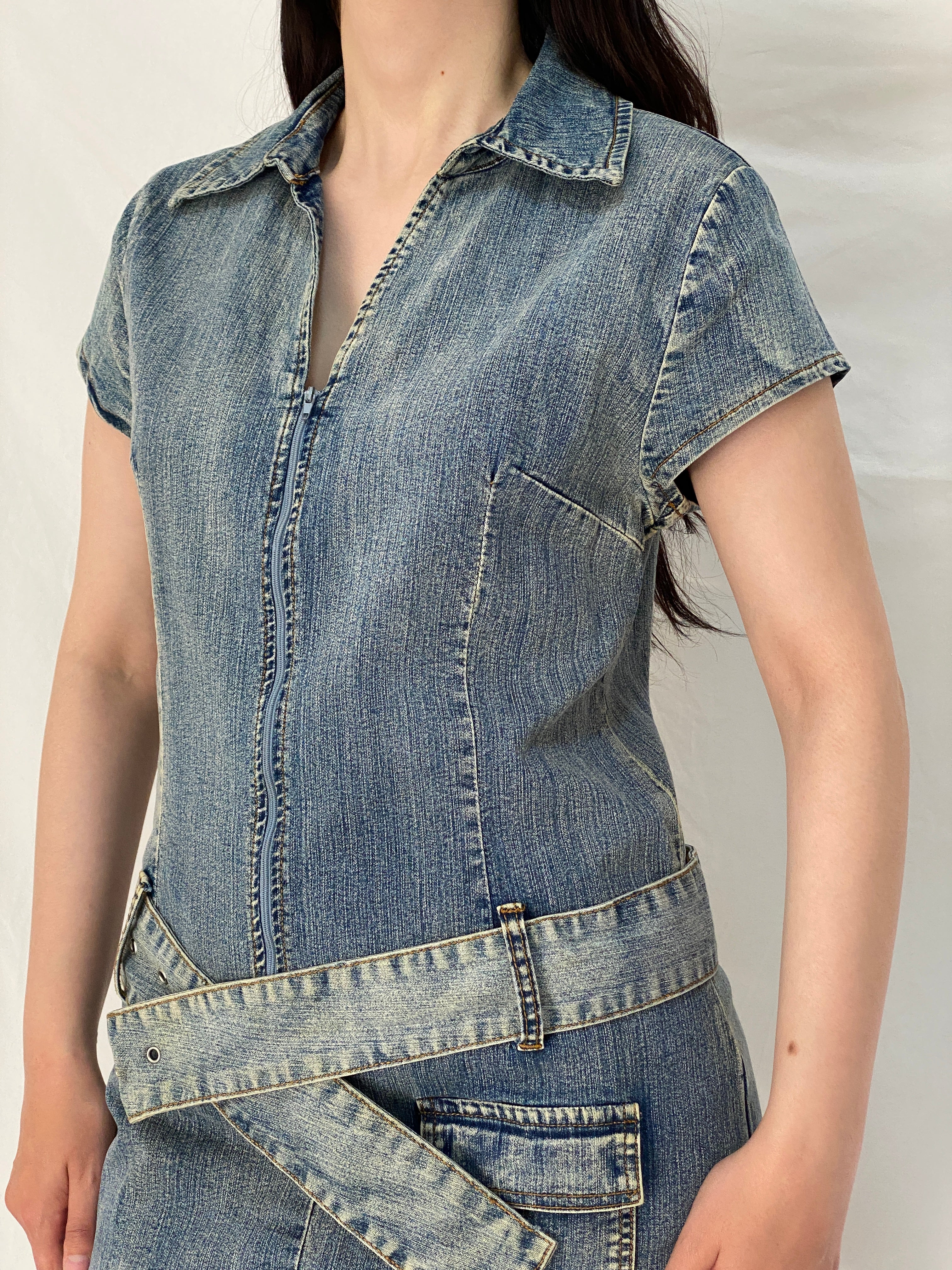 Vintage Y2K X-Mail Belted Zip Front Short Sleeve Denim Dress – M
