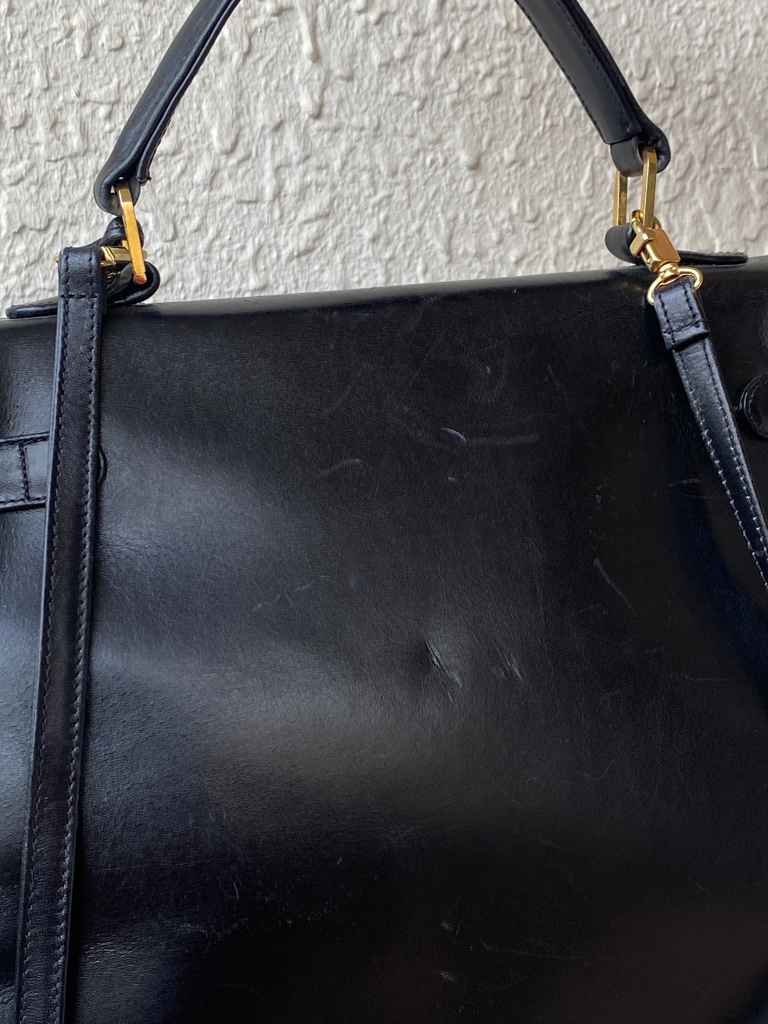 Vintage 1960s-1970s Susan Gail Structured Black Leather Kelly Bag Gold Turn Lock Top Handle