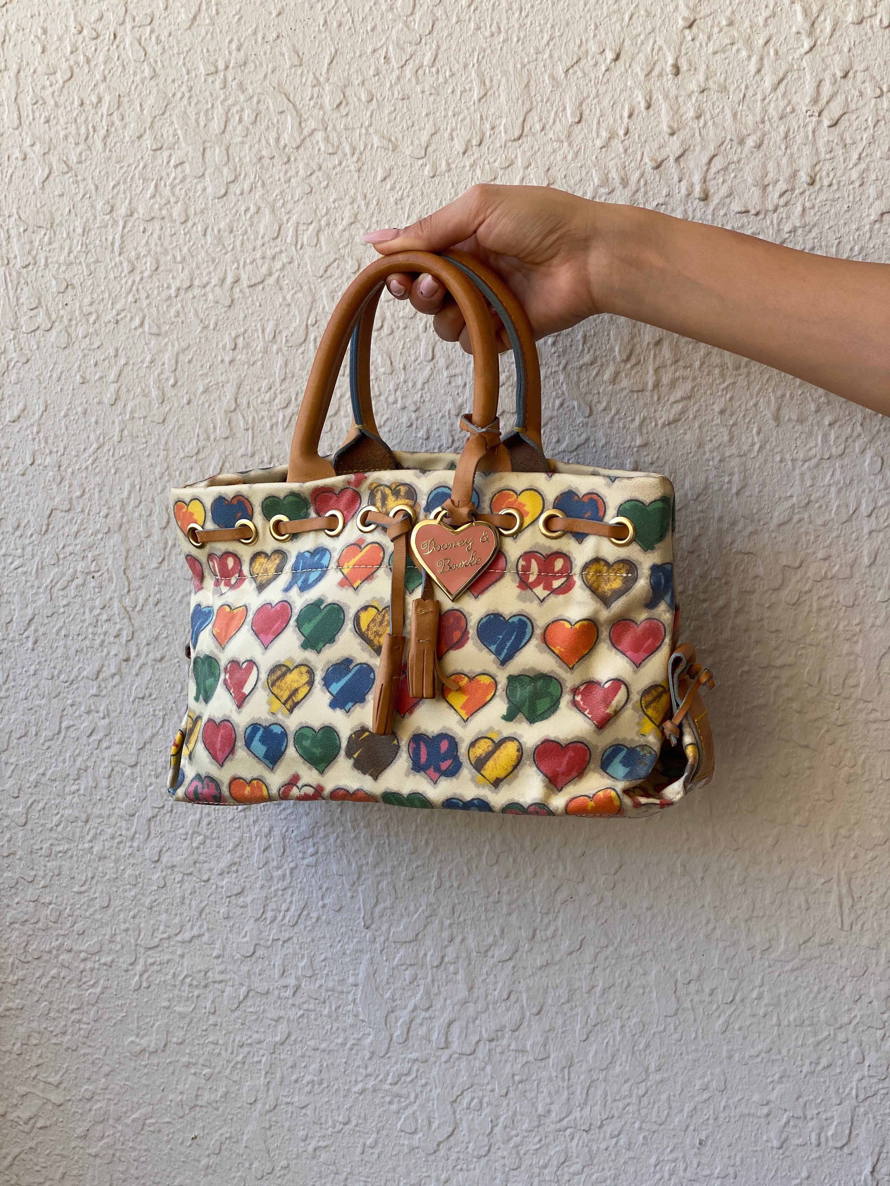 Vintage Dooney & Bourke Crayon Hearts Leather Tassel Satchel