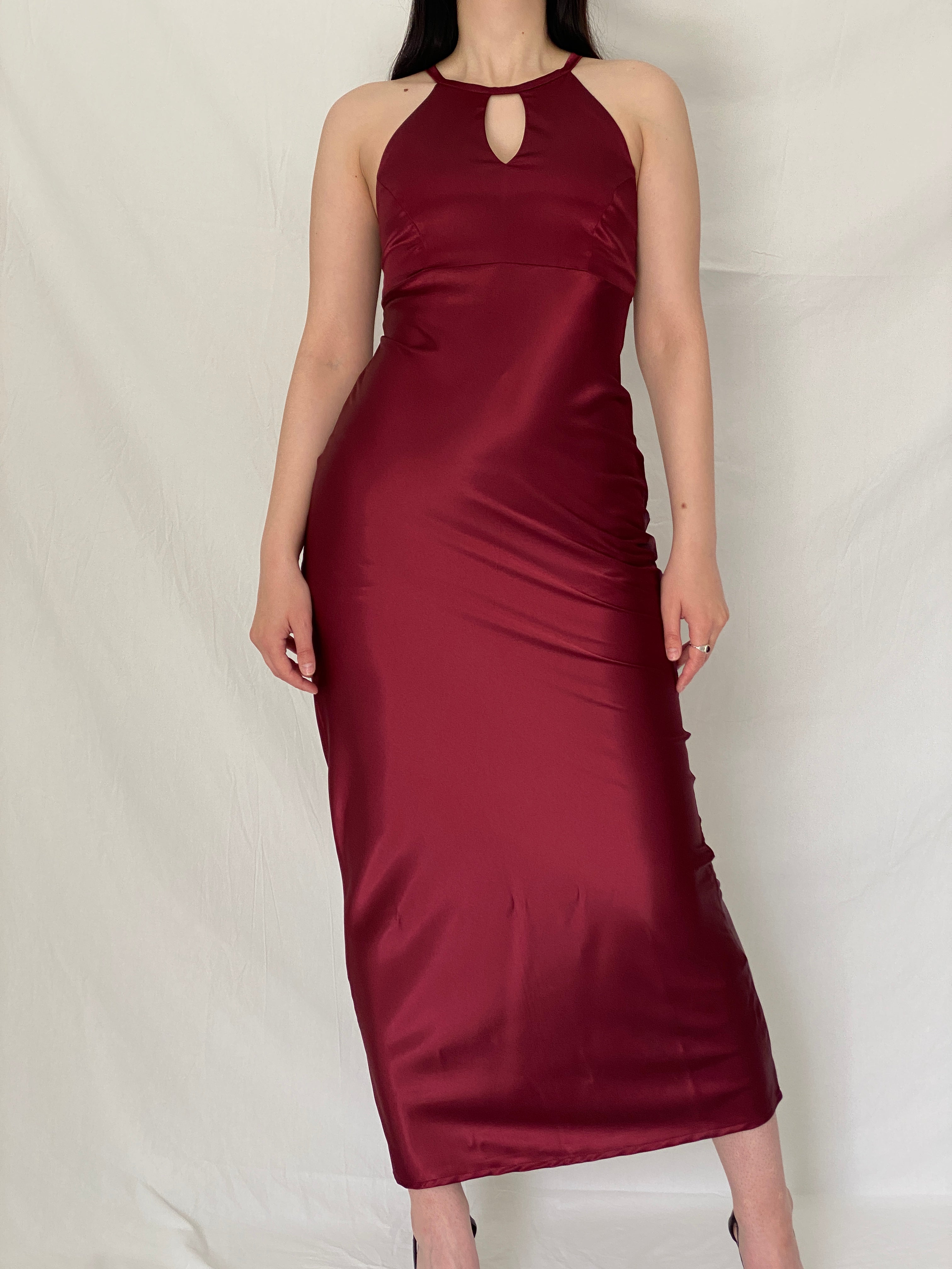 Hennes Collection Burgundy Satin Keyhole Halter Midaxi Dress - S