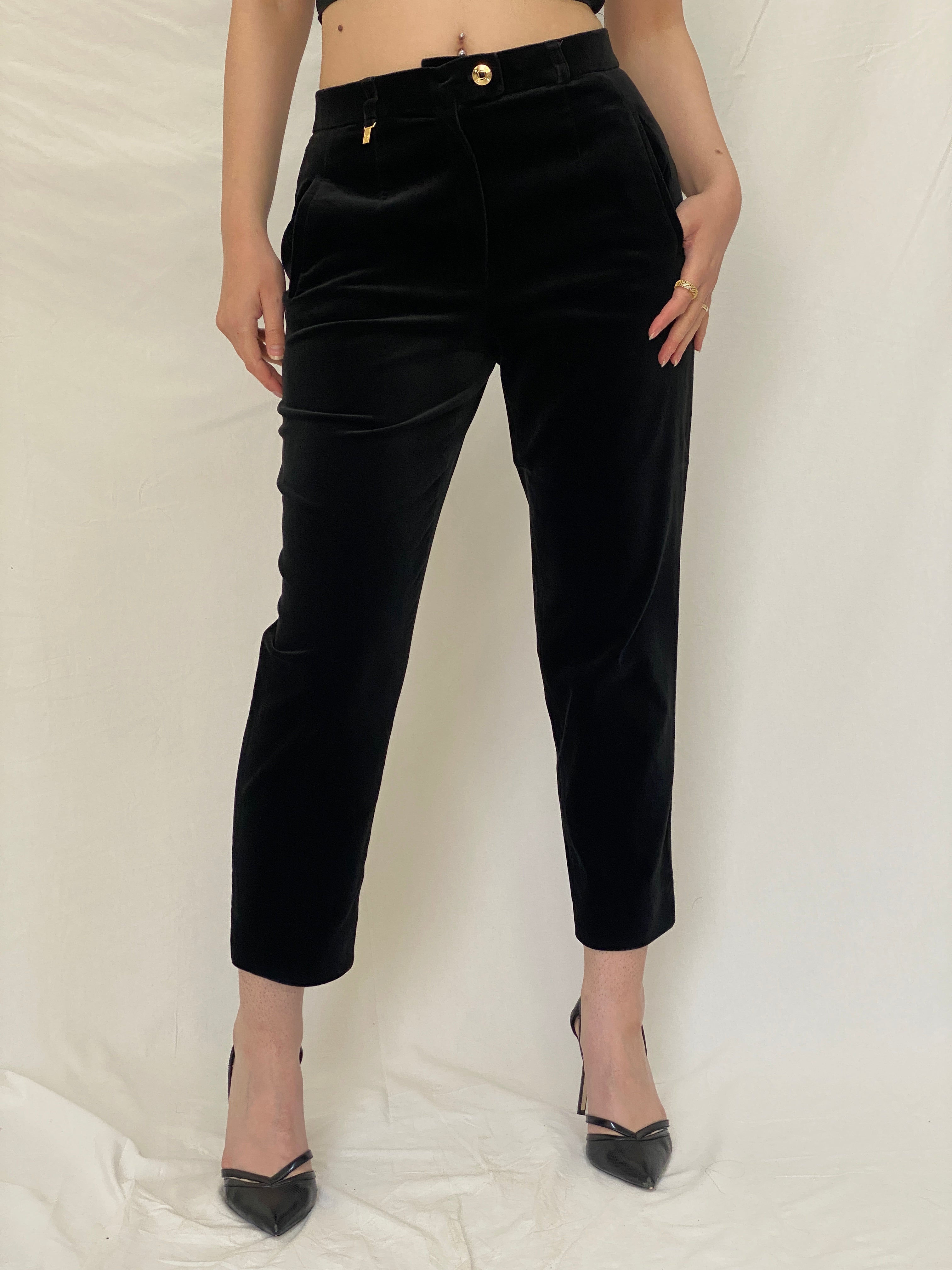 Vintage Basler Black Velvet Tailored Pants High Waist Straight Leg Evening Trousers - S